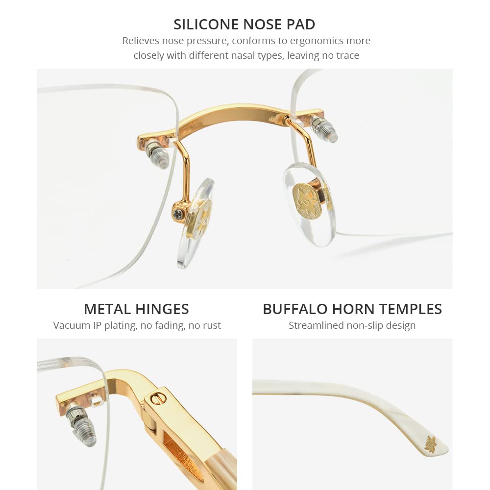 HEPIDEM 100% Genuine Buffalo Horn Handmade Square Rimless Eyeglass Frames - Luxury Unisex Glasses for Reading, Driving & Fashion Accessories
