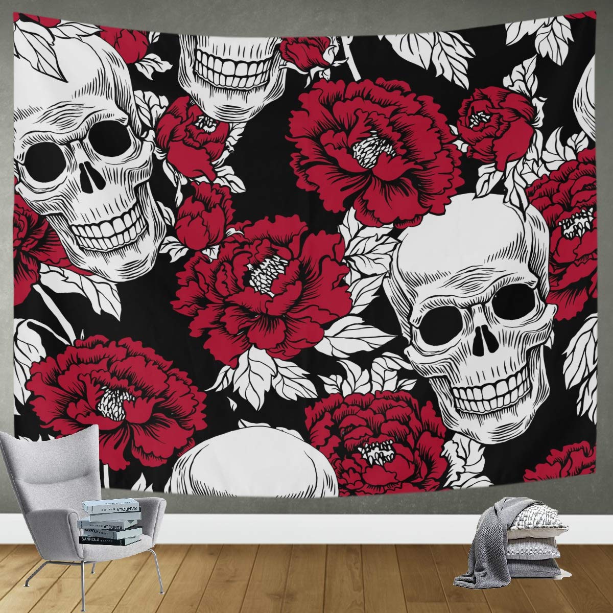 DOMIKING Day of The Dead Gold Skull Tapestry - 90x60in Bohemian Wall Hanging for Bedroom, Living Room & Office Decor | Mexican Sugar Skull Wall Art for Home, Dorm, Party & Festival Decorations