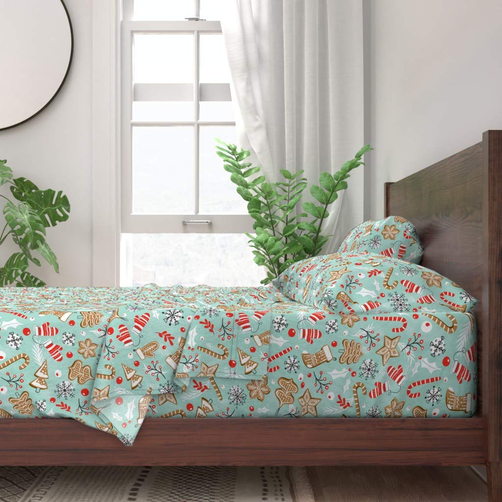 100% Cotton Queen Size 4-Piece Sheet Set | Gingerbread Dreams Aqua Baking Christmas Holiday Cookies Retro Print Custom Bedding | Perfect for Holiday Decor & Cozy Winter Nights