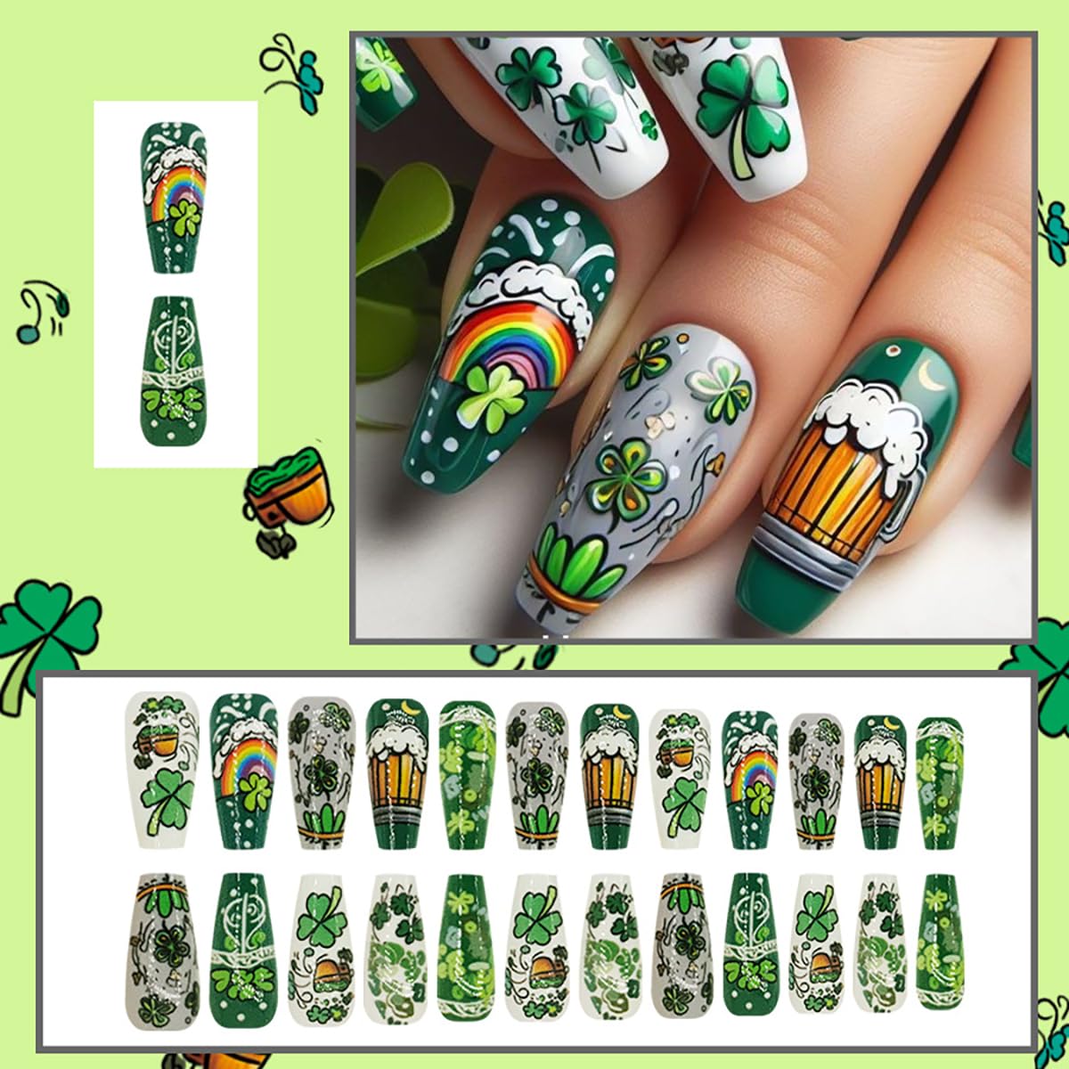 St. Patrick's Day Press On Nails - 24Pcs Long Coffin Fake Nails with Shamrock Design, Reusable Glue on Artificial Nails for Women & Girls | Perfect for Holiday Parties, Festive Events & Irish Celebrations