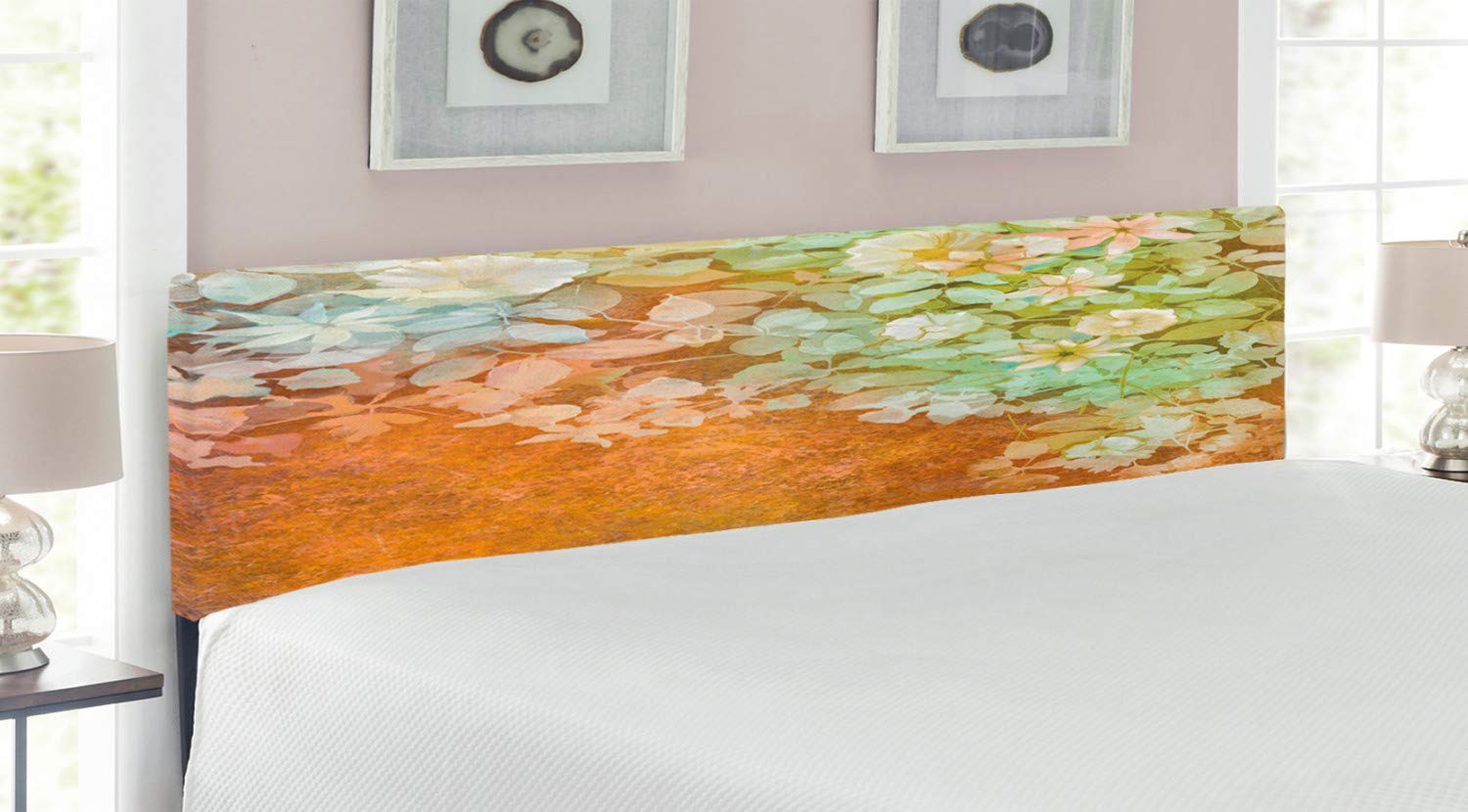 Ambesonne Grunge Headboard - Vintage Floral Art Print with Flowers & Leaves on Blurred Paper Background | Upholstered Decorative Metal Bed Frame with Memory Foam | King Size Green Mustard | Perfect for Bohemian & Vintage Style Bedrooms
