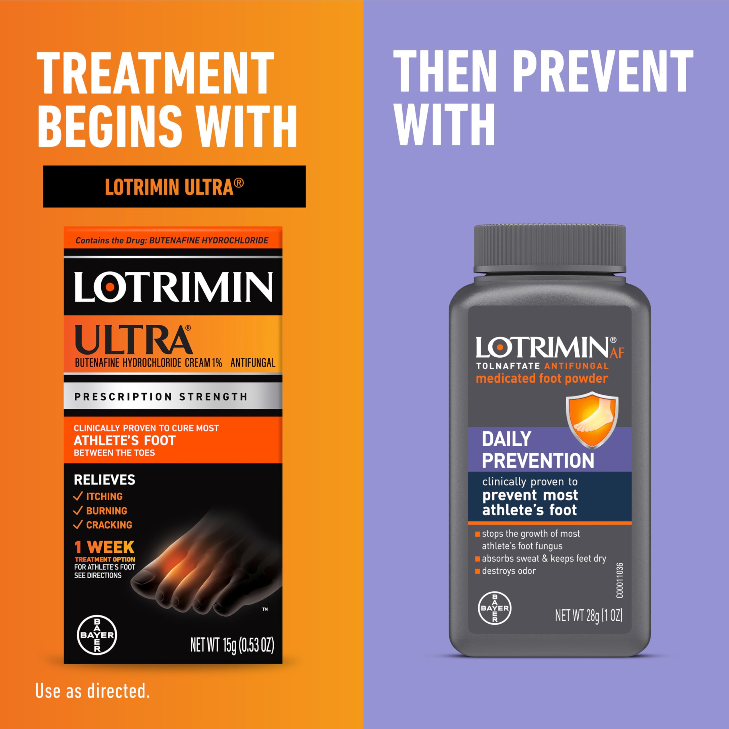 Lotrimin Ultra Athlete's Foot Treatment Cream 1.1oz + Medicated Foot Powder 1oz - Fast Itch Relief for Jock Itch & Ringworm - Daily Prevention for Gym, Pool & Locker Room Use