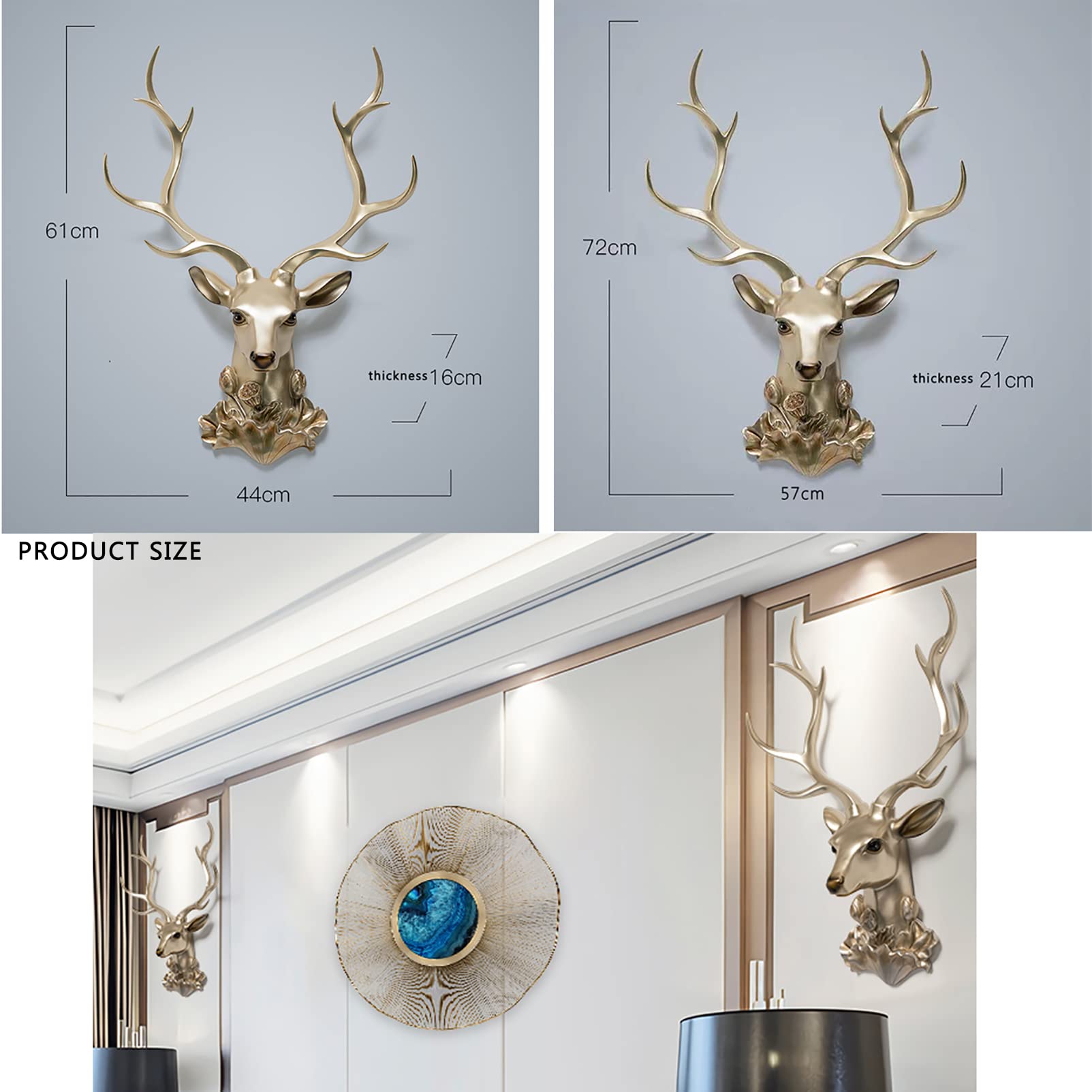 Faux Resin Deer Head Wall Decor - Gold Antler Wall Sculpture for Home, Bar & Office (44x61cm) | Elegant Animal Head Statue for Rustic, Hunting Lodge or Modern Interior Design