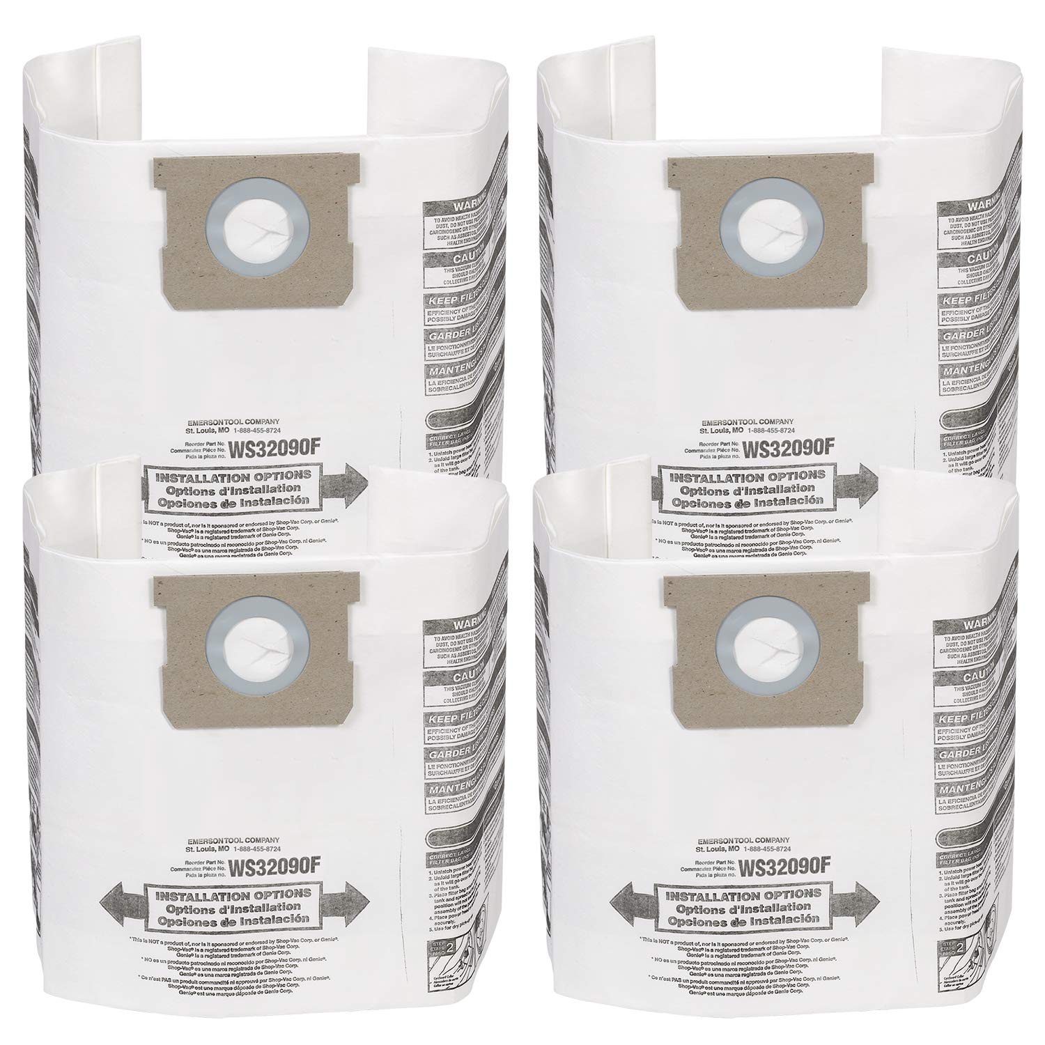 WORKSHOP WS32090F2 Wet Dry Vacuum Filter Bags - 4 Pack Fine Dust Collection Bags for 5-9 Gallon Shop Vacuums | Dust & Debris Containment | Ideal for Woodworking, Construction & Workshop Cleanup