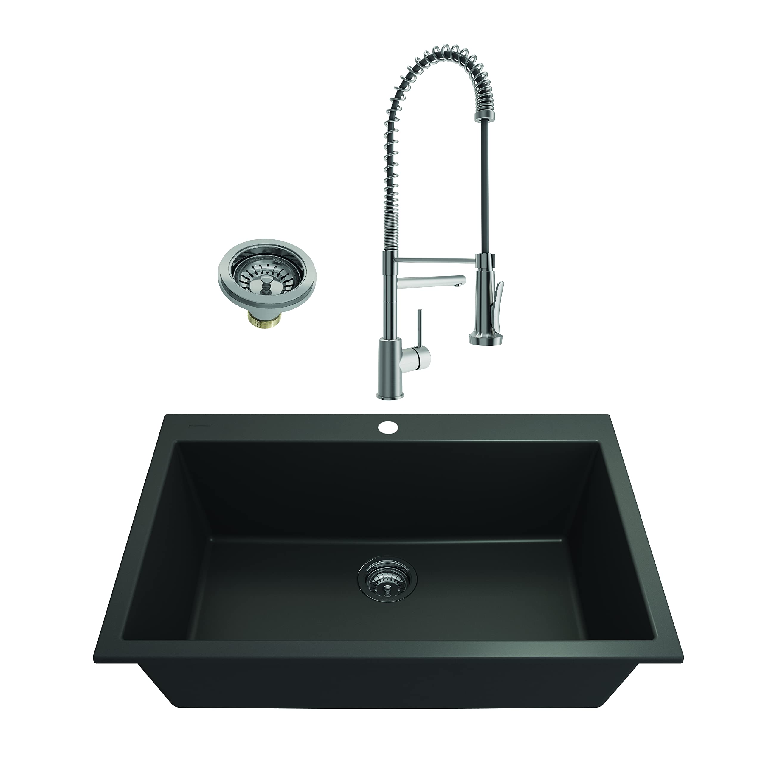 BOCCHI Campino Uno Matte Black 33-Inch Dual Mount Granite Composite Kitchen Sink with Accessories & Stainless Steel Faucet - Perfect for Modern Farmhouse, RV, and Small Space Kitchens