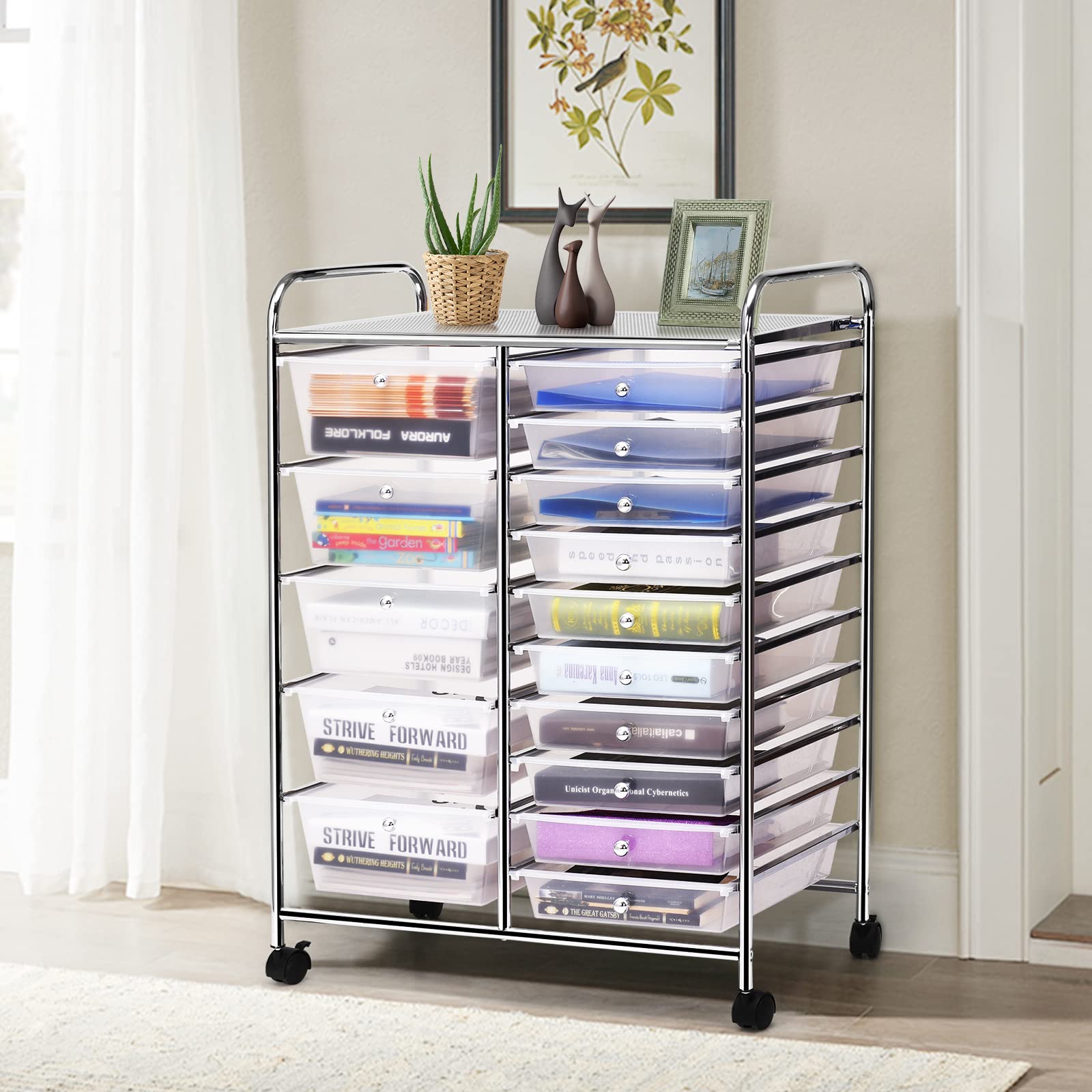 HOMGX 15-Drawer Rolling Storage Cart - Clear Plastic Organizer Trolley with Wheels for Office, School, Craft Room & Home Organization - Perfect for Files, Art Supplies, Tools & Stationery Storage