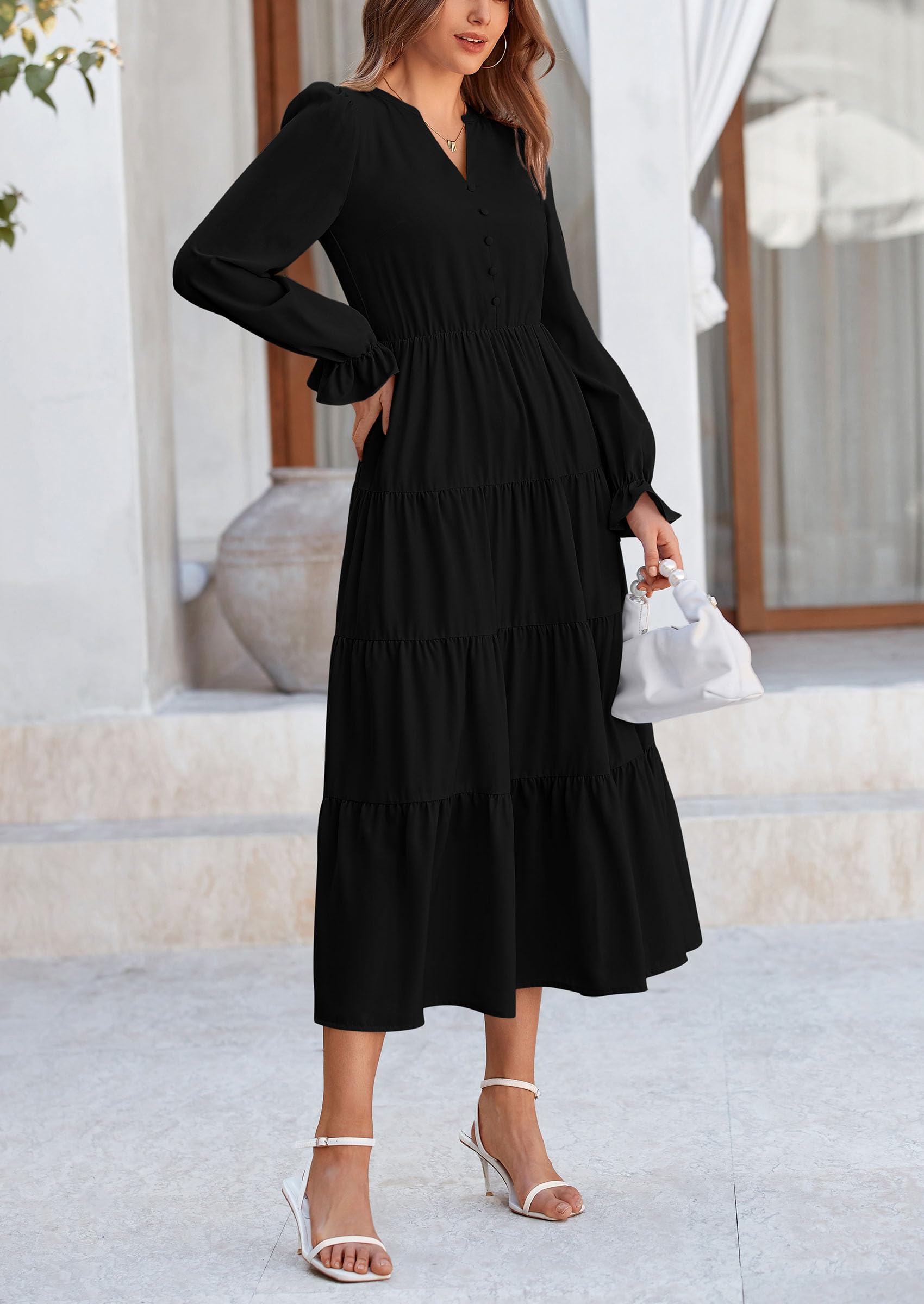 PRETTYGARDEN Women's Long Sleeve V-Neck Maxi Dress - Flowy Tiered Ruffle A-Line Cocktail Party Dress for Spring & Fall | Perfect for Weddings, Date Nights & Special Occasions