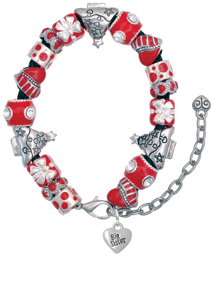Delight Jewelry Silvertone Mini Big/Little Sister Heart Red Christmas Bead Bracelet - 7