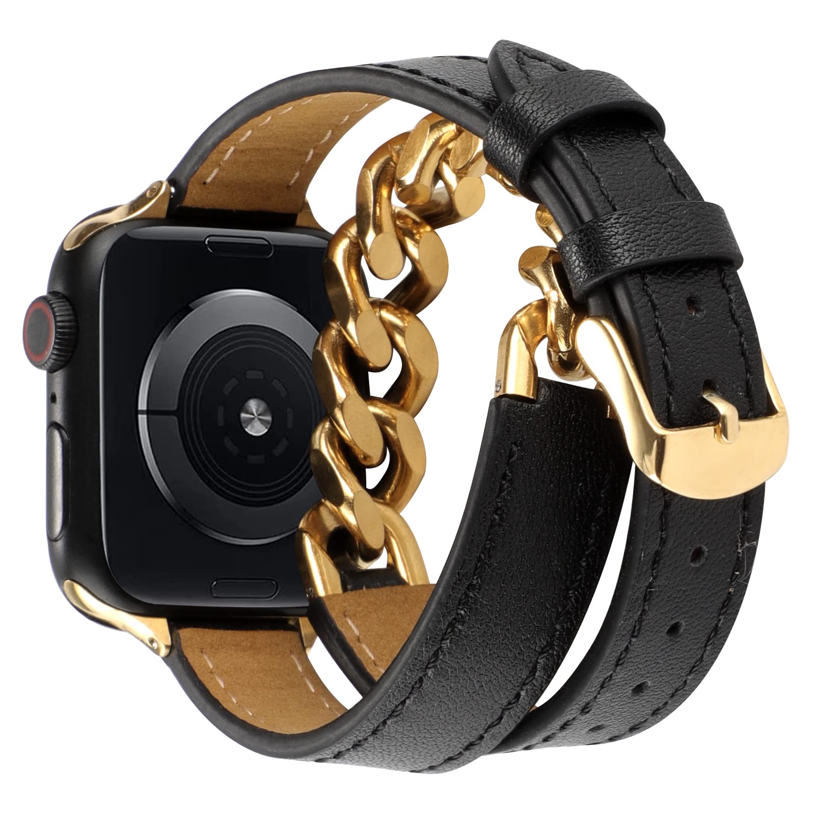 Premium Stainless Steel Leather Band for Apple Watch Series 9/8/7/6/5/4/3/2/SE/Ultra - 49mm 45mm 44mm 42mm 41mm 40mm 38mm Sizes - Cowboy Cuban Chain Bracelet for Men & Women - Perfect for Workouts, Office Wear & Casual Fashion