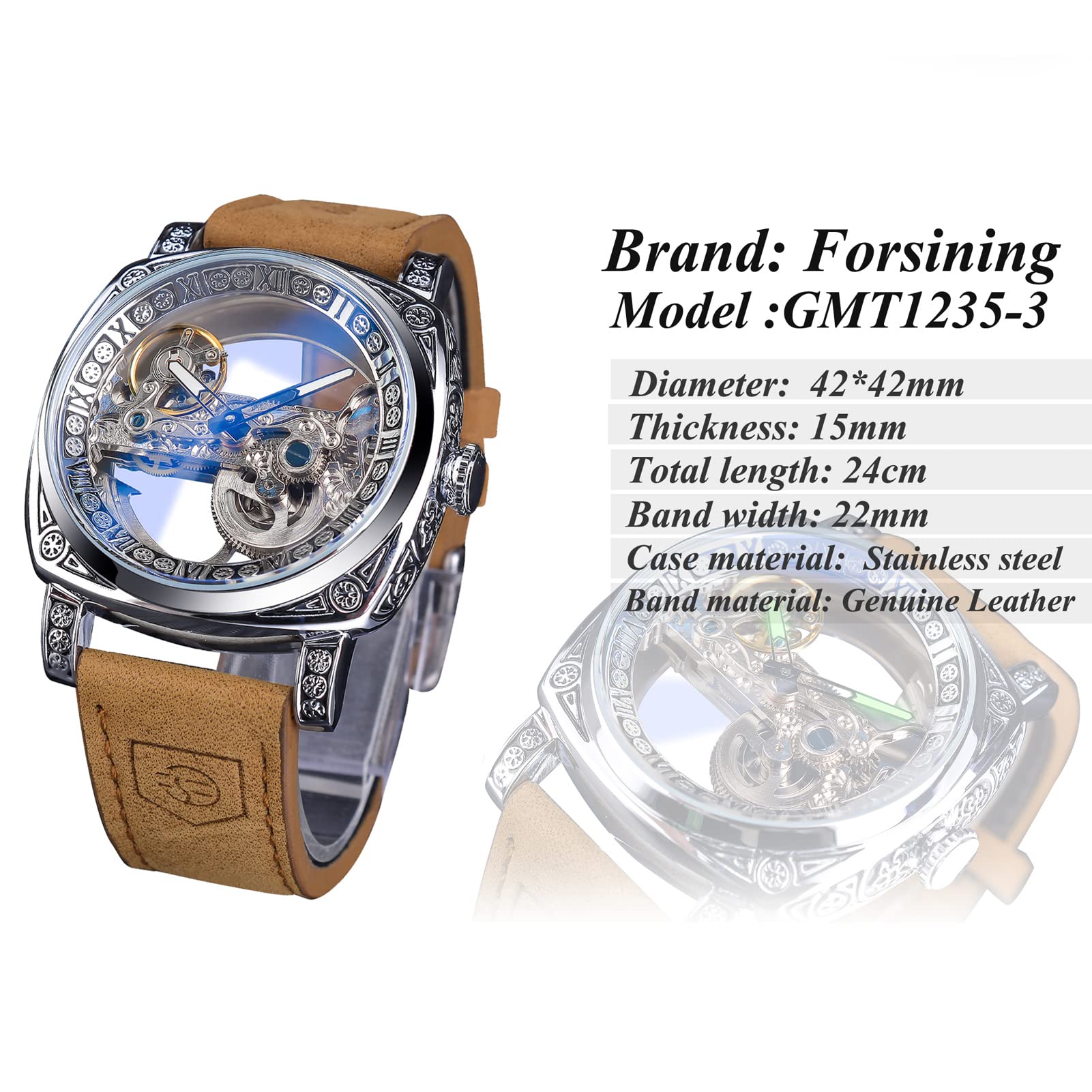 FORSINING Men's Automatic Watch - Skeleton Square Dial, Leather Strap for Business & Casual Wear