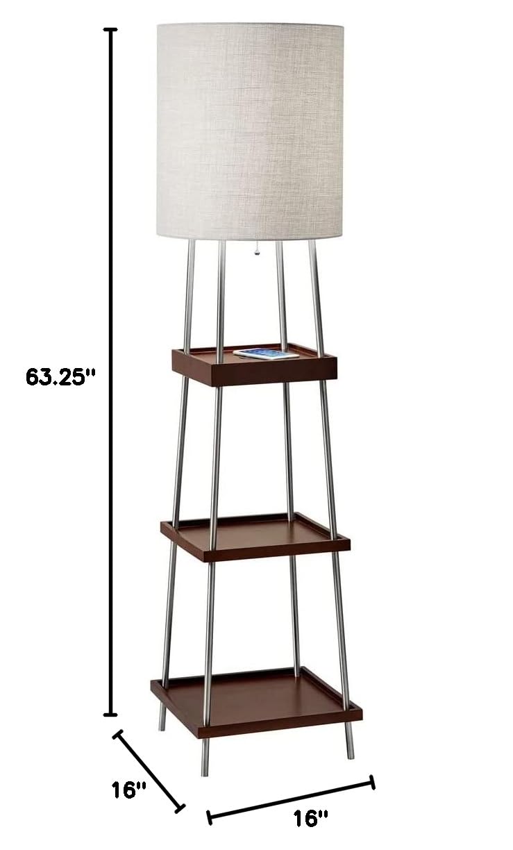 Adesso 3459-15 Henry Shelf Floor Lamp with Wireless Charging - 7W LED, 5W Qi Charger & USB Port - Modern Standing Lamp for Living Room, Bedroom & Office Lighting