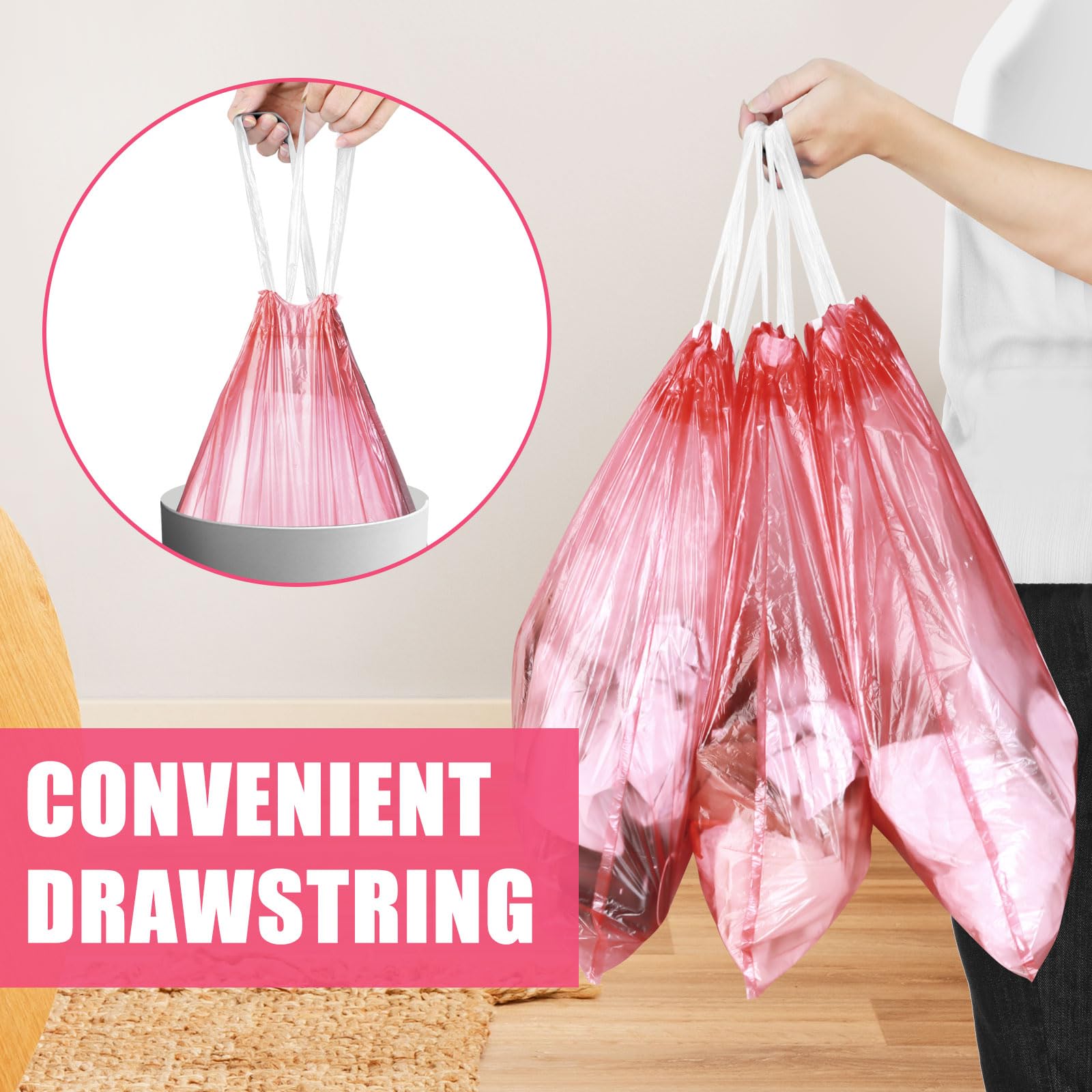 JUKFITA 4 Gallon Drawstring Trash Bags - 100 Count Extra Strong Small Garbage Bags | Unscented Trash Can Liners for Bathroom, Restroom, Office & Kitchen | Perfect for Small Bins, Wastebaskets & Mini Trash Cans (Red)
