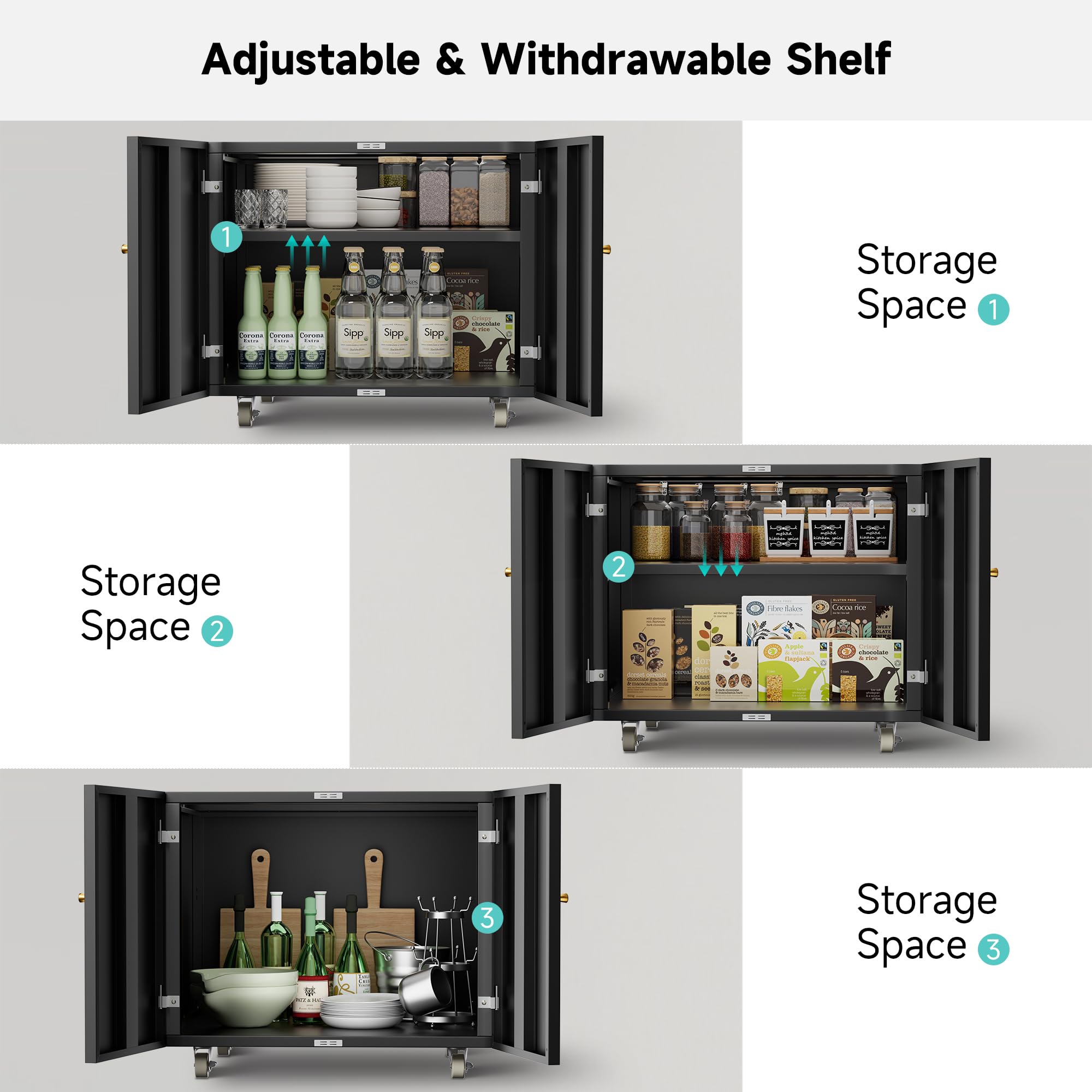 INMOZATA Large Fridge Stand with Storage & Adjustable Shelves - Metal Printer Table with Wheels for Small Spaces, Home Office (Black, 17.72