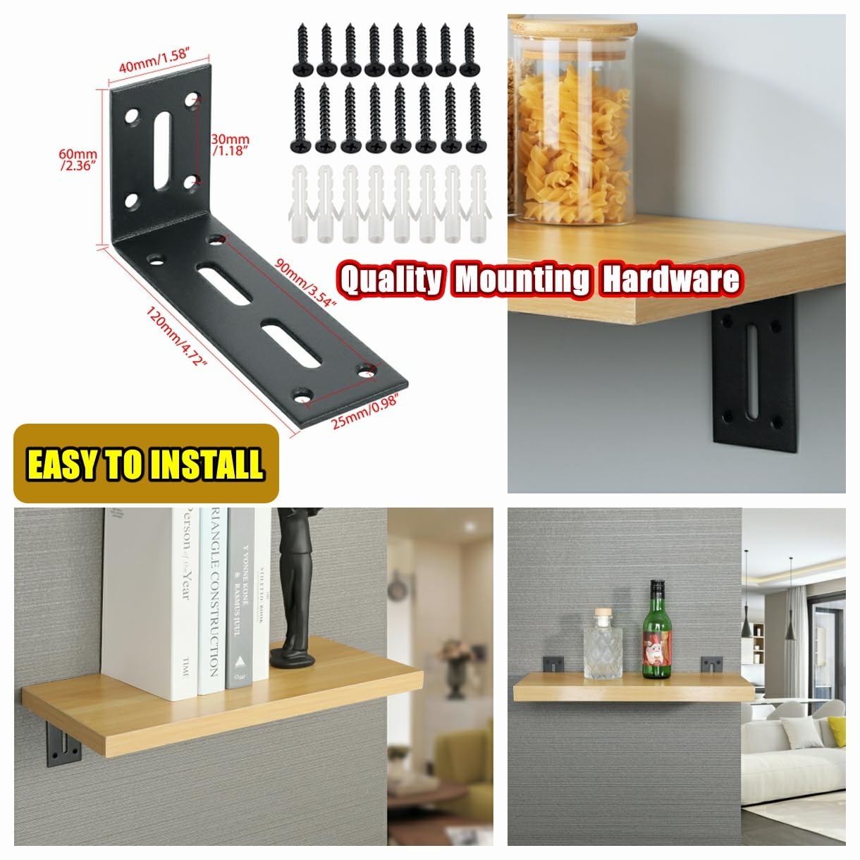 Heavy Duty Black Floating Shelf Brackets - 120x60mm L-Shaped Wall Mount Corner Braces for Wooden Shelves (Pack of 4) - Perfect for Home Office, Kitchen Storage & Bathroom Organization