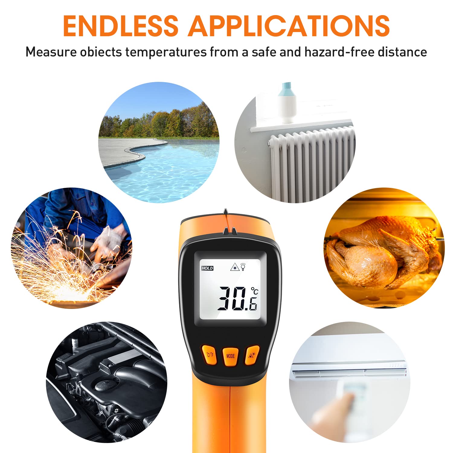 Non-Contact Infrared Thermometer Gun -58°F to 788°F (-50°C to 420°C) with Laser Pointer & Adjustable Emissivity - Digital Temperature Gun for Cooking, BBQ, Pizza Oven, Grill, Engine, HVAC - Perfect for Home, Kitchen, Automotive and Industrial Use