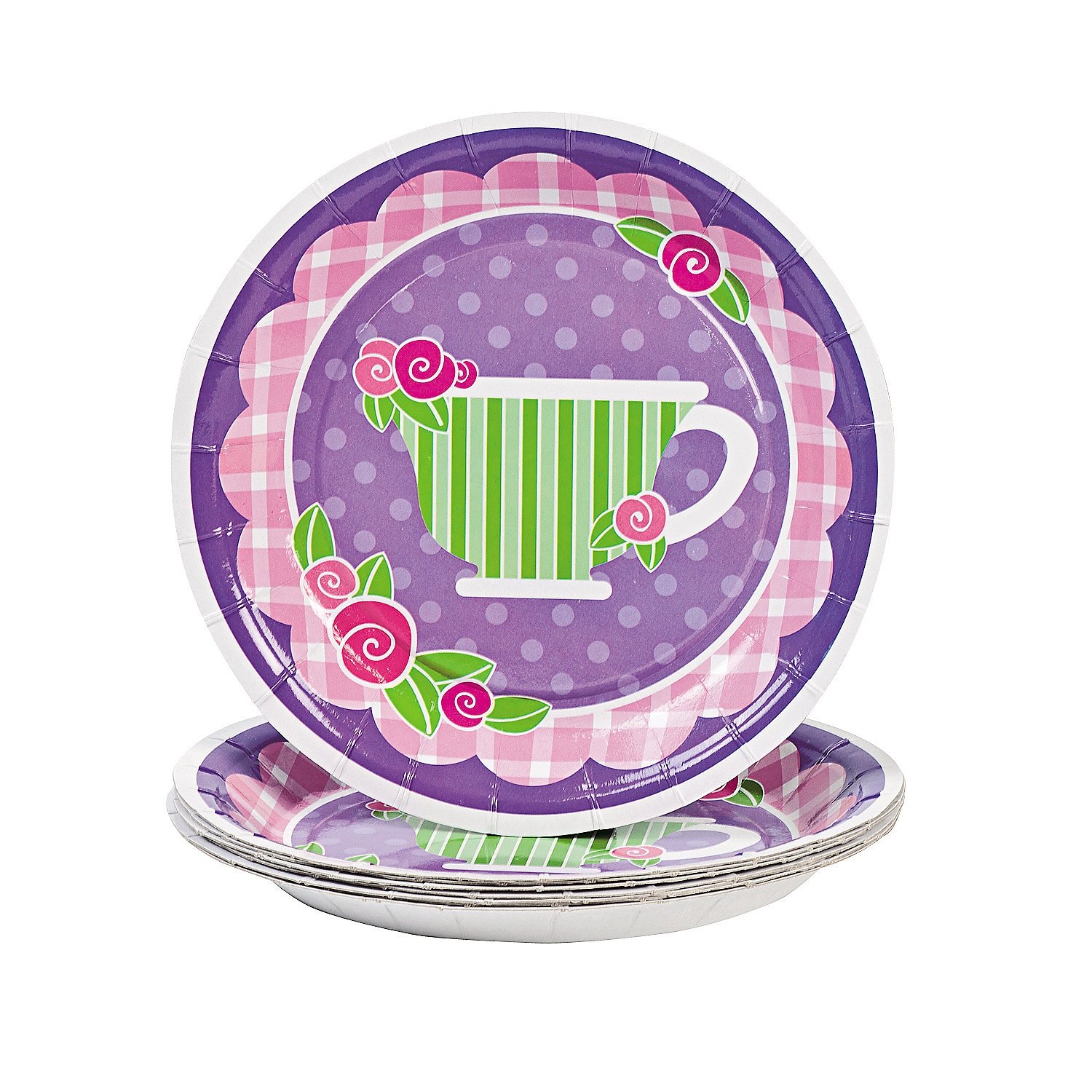 Fun Express Girly Tea Party Dessert Plates - Set of 8 Colorful Dessert Plates for Girls Birthday Party, Princess Tea Party, Baby Shower & Kids Celebration - BPA-Free Plastic Party Tableware