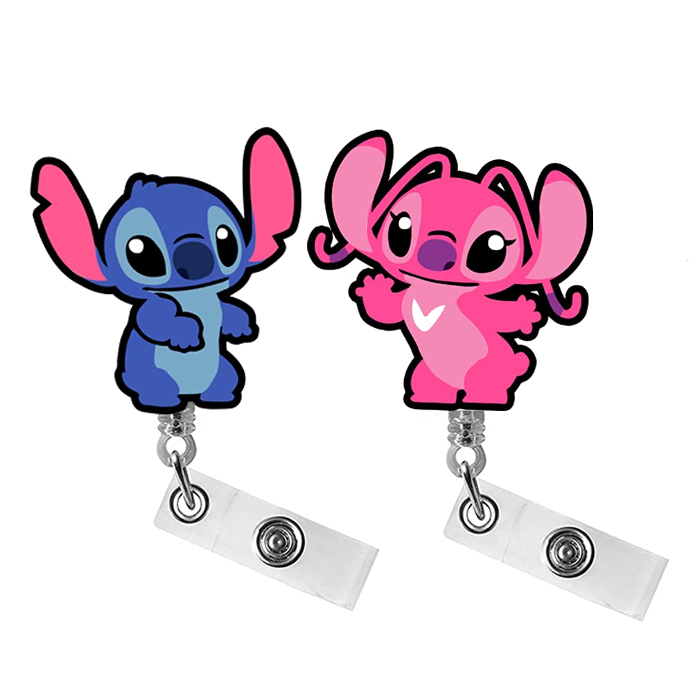 ZOSTLAND 2 Pack Retractable Badge Reel with 28 Inch Cord - Pink Angel Blue Stitch Cartoon Design for Nurses, Office ID, Name Tags - Durable Metal Clip Holder (Ideal for Hospitals, Schools, Conventions & Workplaces)