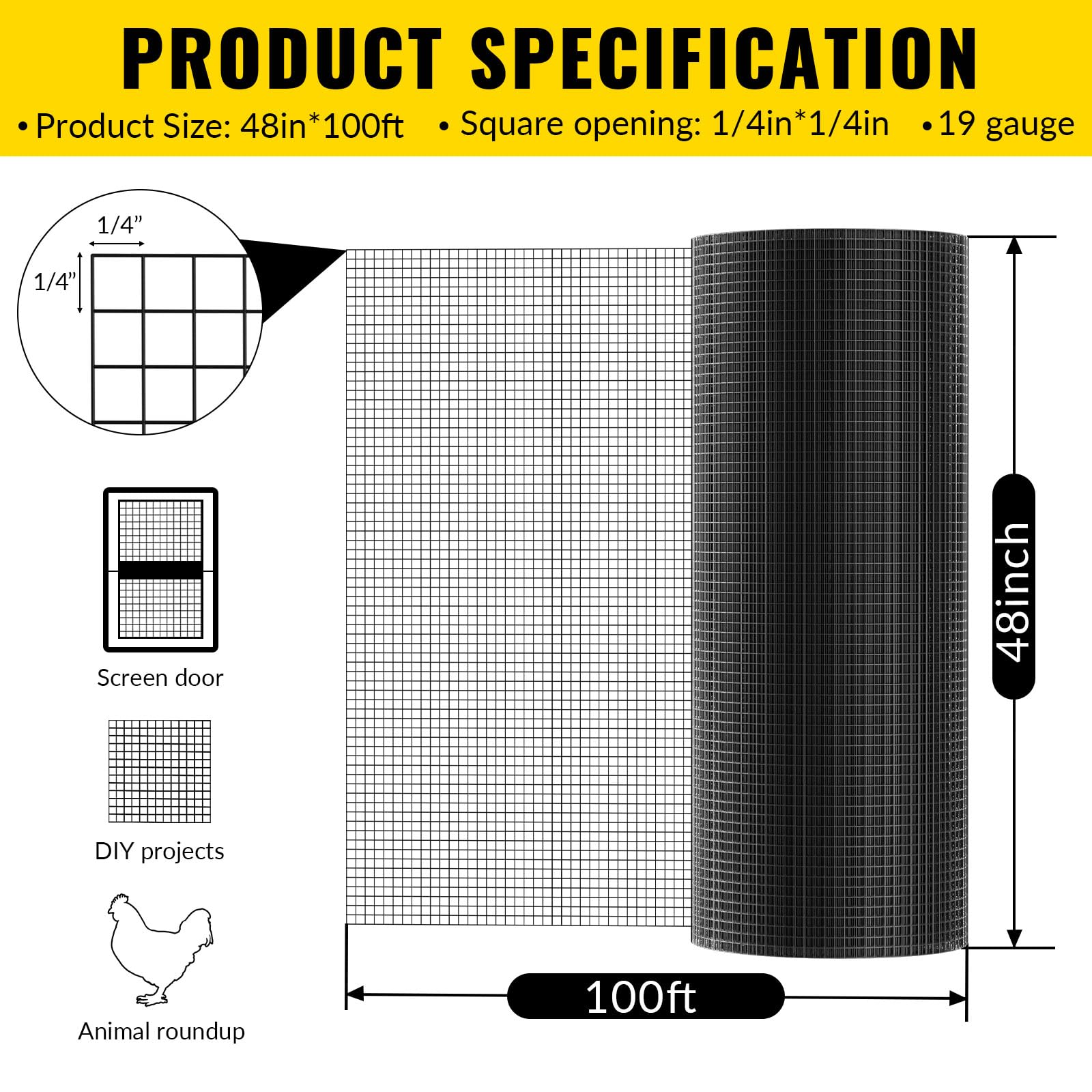 1/4 Inch Heavy Duty Black Vinyl Coated Welded Wire Mesh Roll - 19 Gauge PVC Hardware Cloth for Chicken Wire Fencing (48