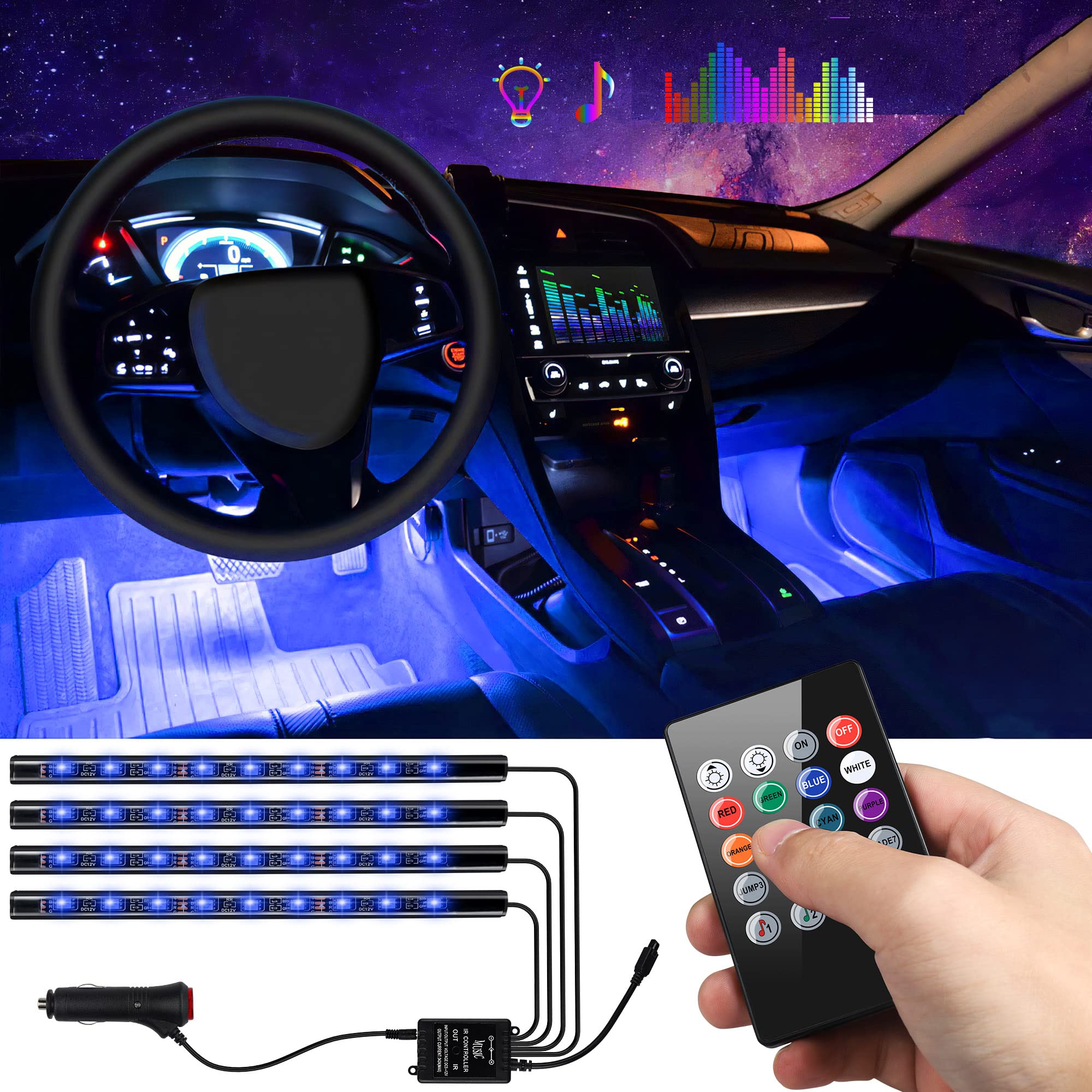 36 LED Multi-Color Car Interior Lights with Music Sync & Wireless Remote - 4pc Under Dash Lighting Kit for Cars, Trucks & SUVs | DC 12V Atmosphere Glow Neon Strip Lights for Parties, Night Driving & Vehicle Decoration