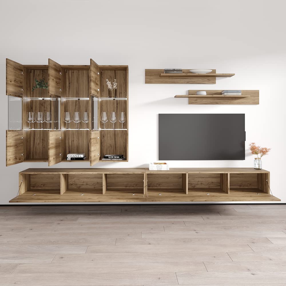 Modern Oak Floating TV Stand with Storage & LED Lights - Wall-Mounted Entertainment Center for Living Room & Bedroom - Space-Saving Media Console with Shelves - Perfect for Small Apartments & Home Theaters