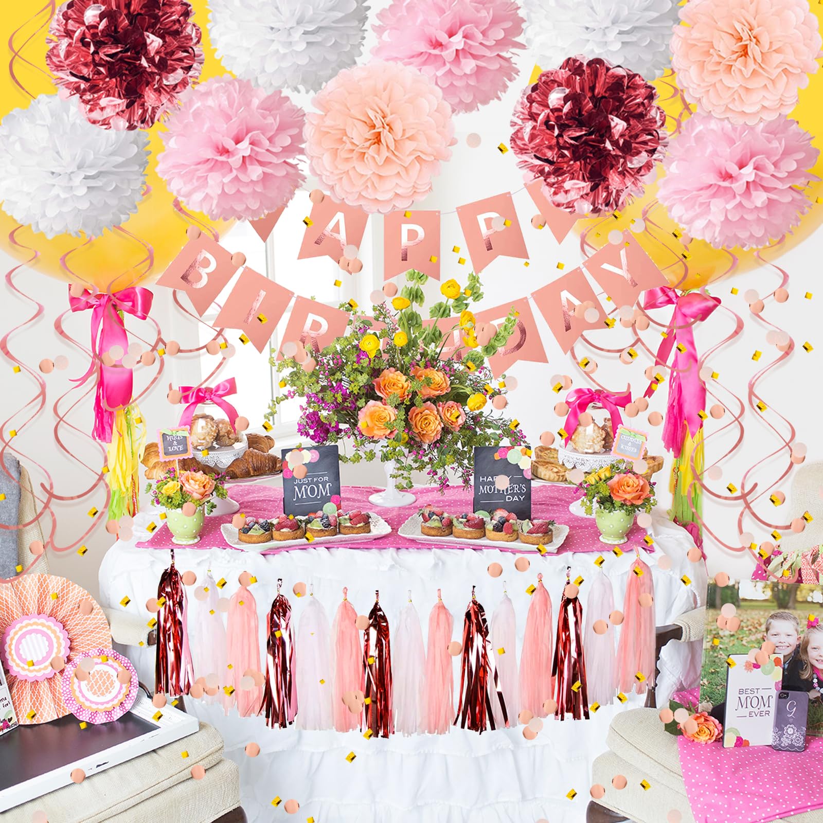 Elegant Rose Gold Birthday Decorations for Women - Happy Birthday Banner, Tissue Paper Pompoms, Hanging Swirls, Confetti & Tassels | Perfect for Women's Birthday Parties, Bridal Showers & Baby Showers