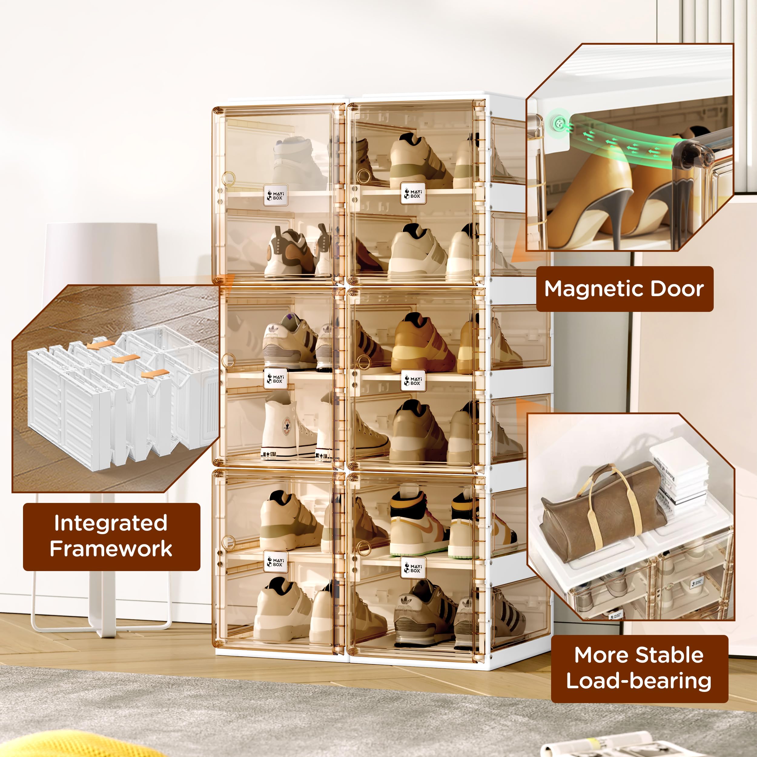 Foldable Shoe Rack Organizer - 6-Tier Stackable Plastic Shoe Storage Cabinet with Magnetic Clear Doors, Holds 12 Pairs - Perfect for Entryway, Closet, Living Room & Bedroom Organization - Space-Saving Solution for Sneakers, Boots & Heels