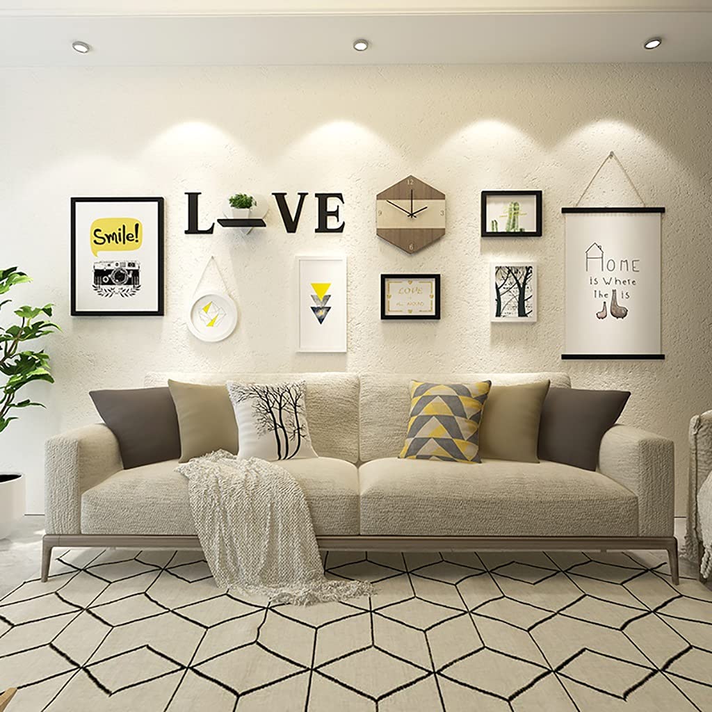 8 Pack Wooden Live Photo Frame Collage with Wall Clock & Alphabet Storage Shelf - Wall Art Display for Family Pictures, Gallery Decor in White & Black | Perfect for Living Room, Bedroom & Nursery Décor