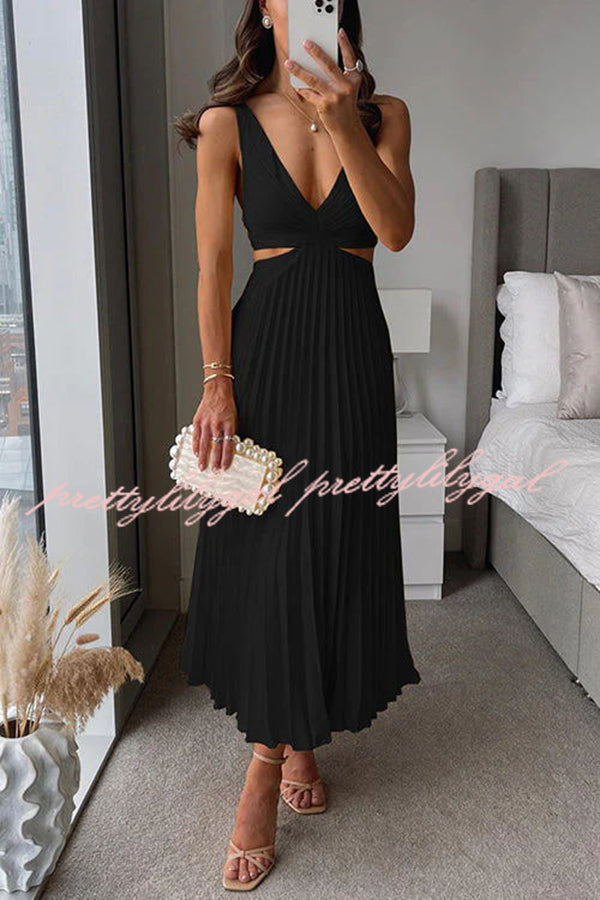Elegant Summer Floral Print Pleated Cutout Waist Loose Midi Dress for Women - Perfect for Beach Vacations, Garden Parties & Casual Outings