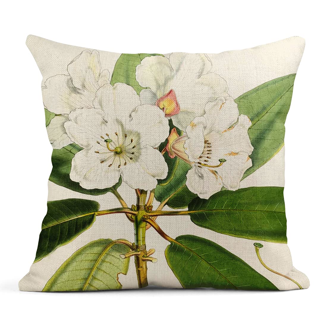 Set of 4 18x18 Inch Linen Throw Pillow Covers - Summer Rhododendron Floral Design for Sofa, Bed & Couch | Home Decor Square Cushion Covers | Perfect for Living Room, Bedroom & Outdoor Furniture