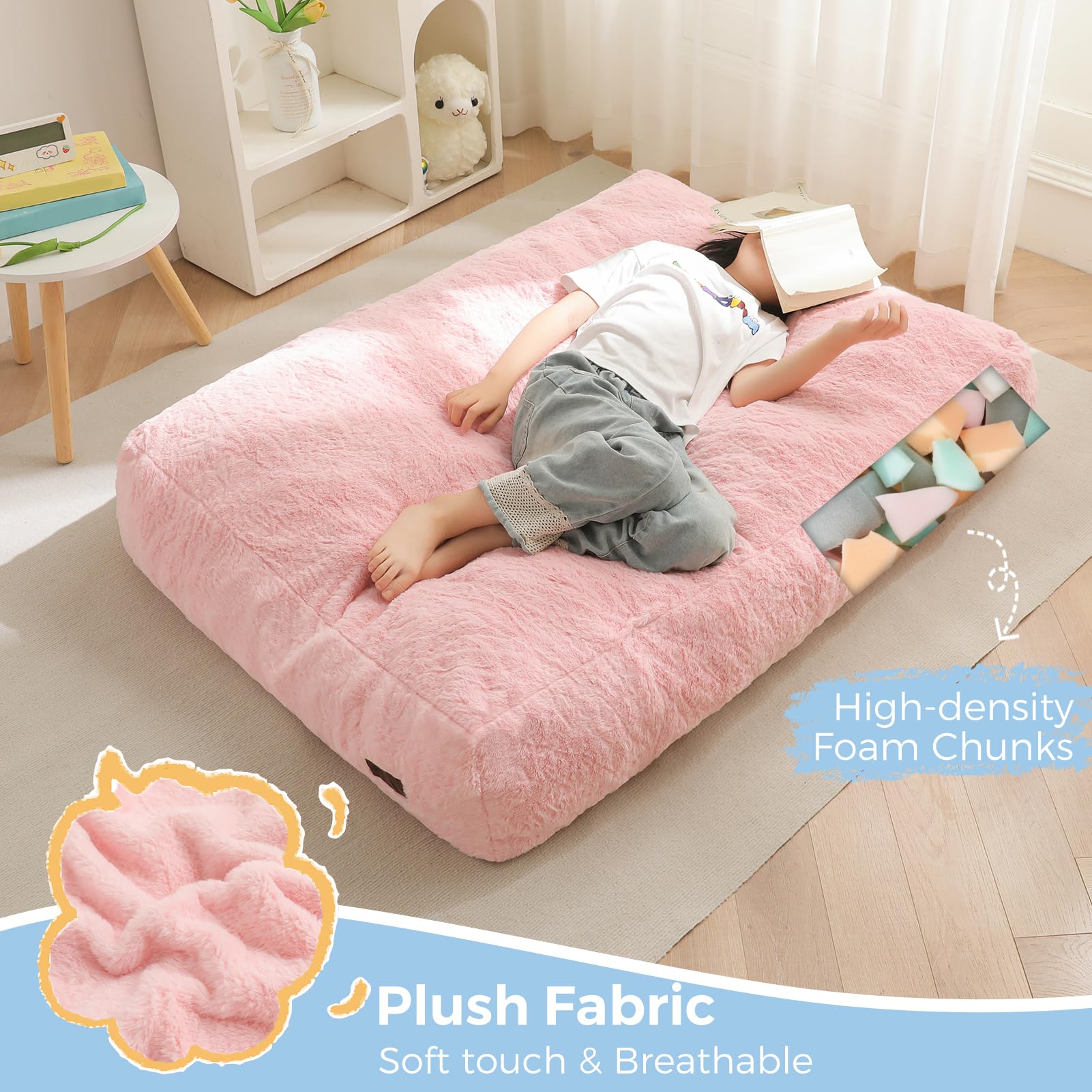 MAXYOYO Kids Bean Bag Chair Bed - Convertible Lazy Chair to Floor Mattress | Soft Pink Lounge Furniture for Playroom, Dorm & Sleepovers | Toddler & Teen Comfort Seating