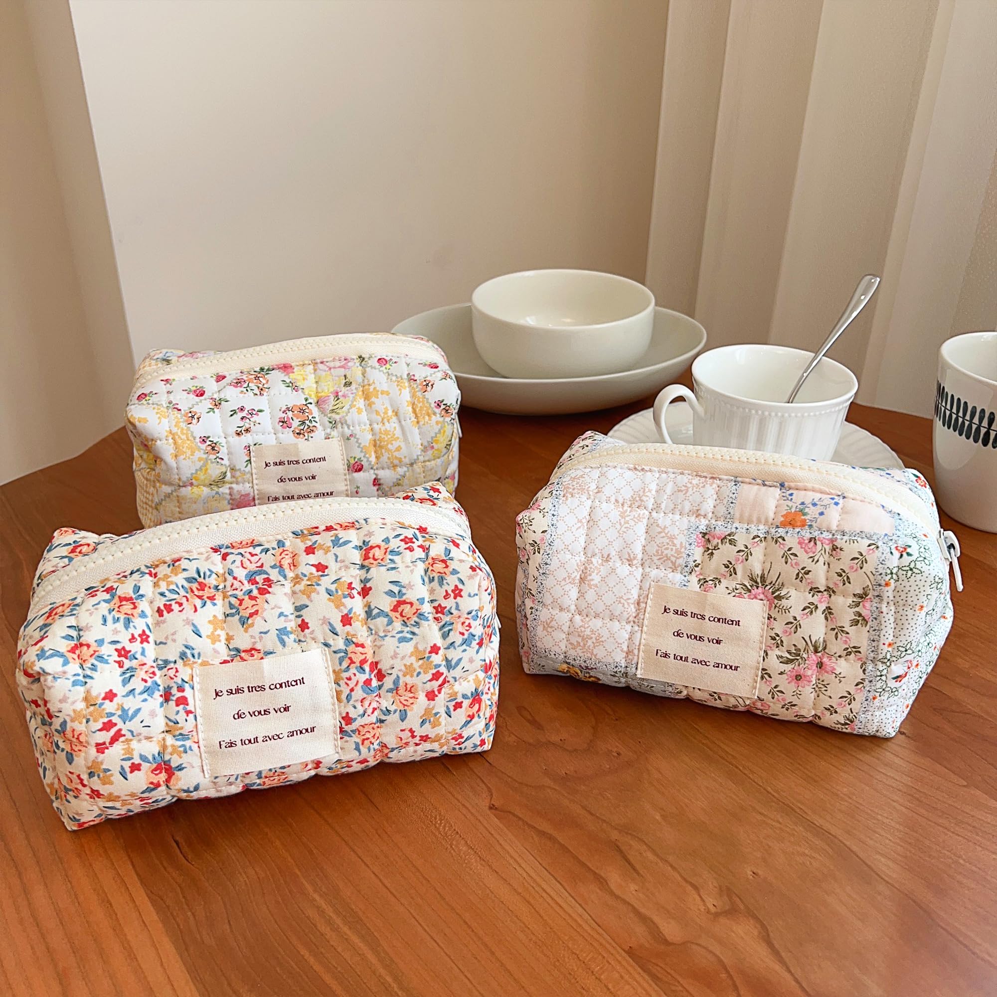 Floral Makeup Bag Small Cotton Quilted Cosmetic Pouch - Aesthetic Preppy Travel Organizer for Women & Girls | Perfect for Toiletries, Makeup Storage & Travel Accessories (Blue Floral, Small)