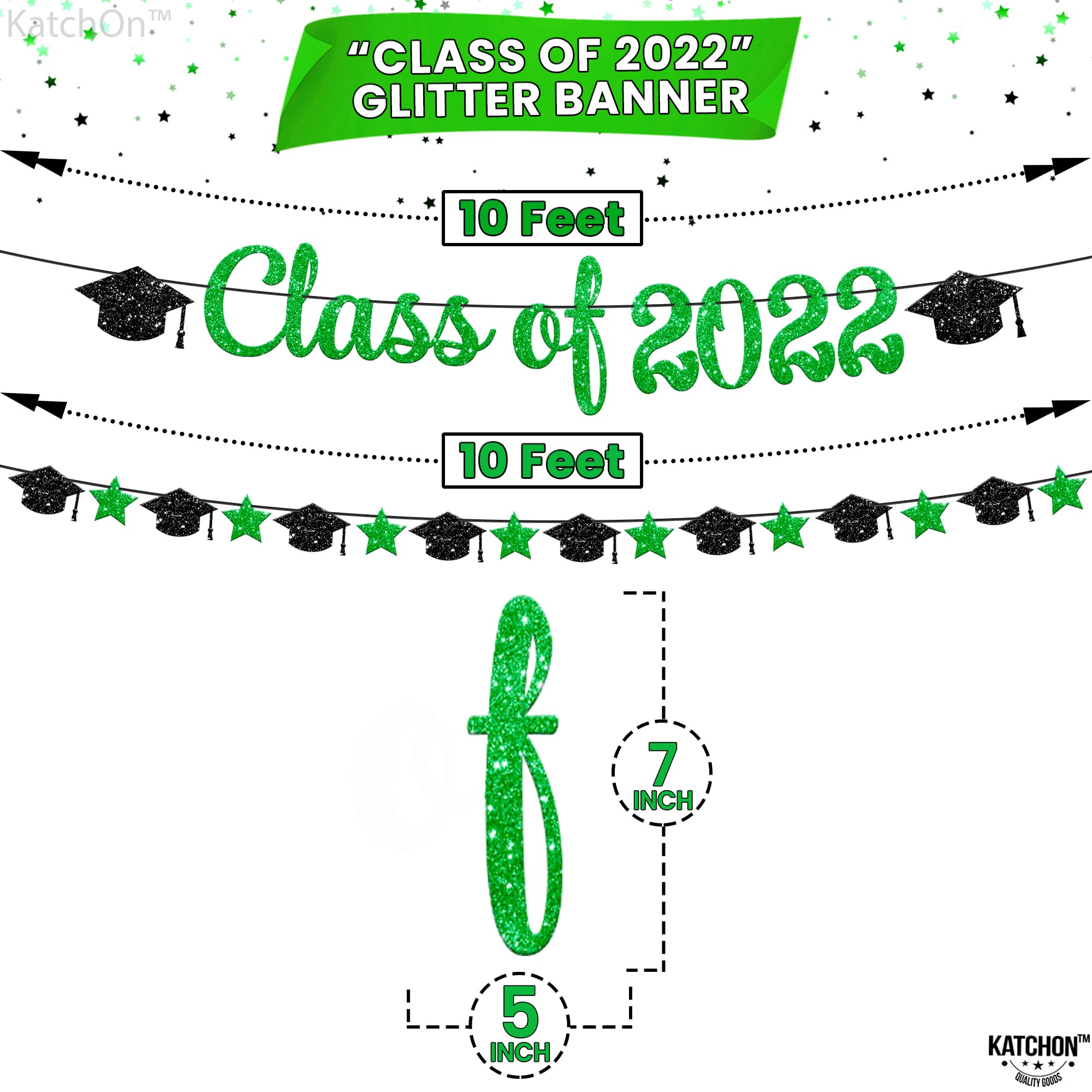 Class of 2022 Graduation Banner - 10ft Green Glitter Banner with Cap Garland | No DIY Graduation Party Decorations | Green & Black Graduation Decor for High School & College Graduation Ceremony | Perfect for Graduation Party Backdrop, Photo Booth & Wall Decor