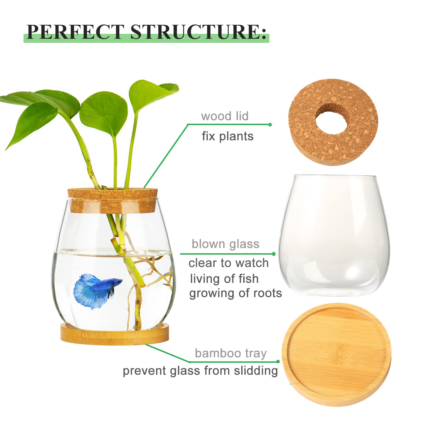 Clear Glass Desktop Fish Bowl with Wood Lid & Bamboo Stand - Small Betta Fish Tank for Plants, Terrarium - Perfect Home Office Decoration & Unique Gift Idea for Aquarium Lovers (Ideal for Desk Decor, Zen Spaces & Small Pet Habitats)