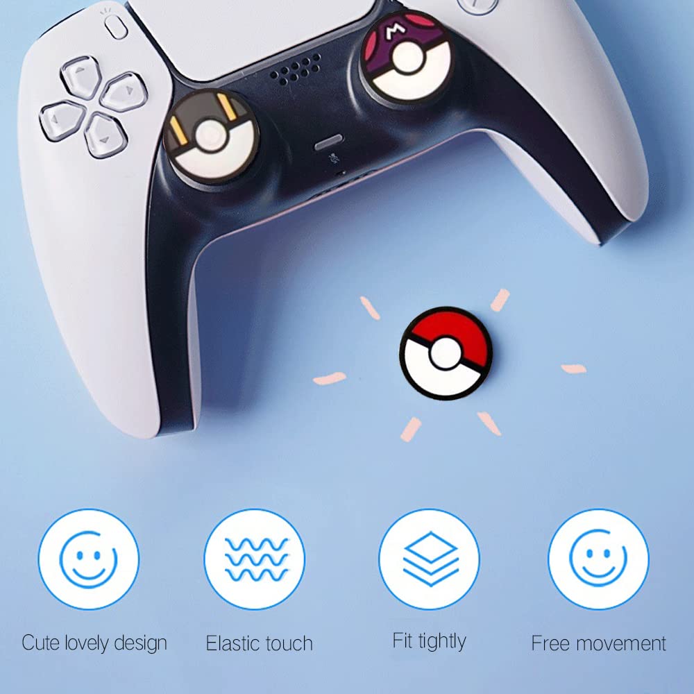 PERFECTSIGHT Cute Thumb Grip Caps for PS5, PS4, Xbox Series X/S, Xbox One, Switch PRO Controller - 4PCS Soft Rubber 3D Analog Thumbstick Grips - Kawaii Joystick Covers for Enhanced Gaming Comfort (PKballs) - Perfect for Long Gaming Sessions and Improved Control