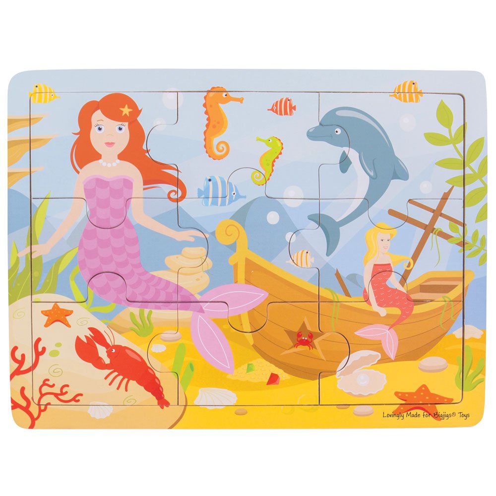 Bigjigs Toys Wooden Tray Puzzle - Mermaid Theme, 24-Piece Educational Puzzle for Kids Ages 3+, Perfect for Preschool Learning, Birthday Gifts & Ocean-Themed Playtime