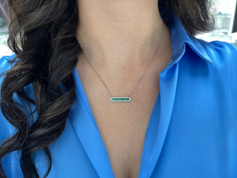 1.02tcw 14K White Gold Natural Emerald Cut Diamond Halo Bar Pendant Necklace with Lush Green Accents - Perfect for Weddings, Anniversaries & Special Occasions