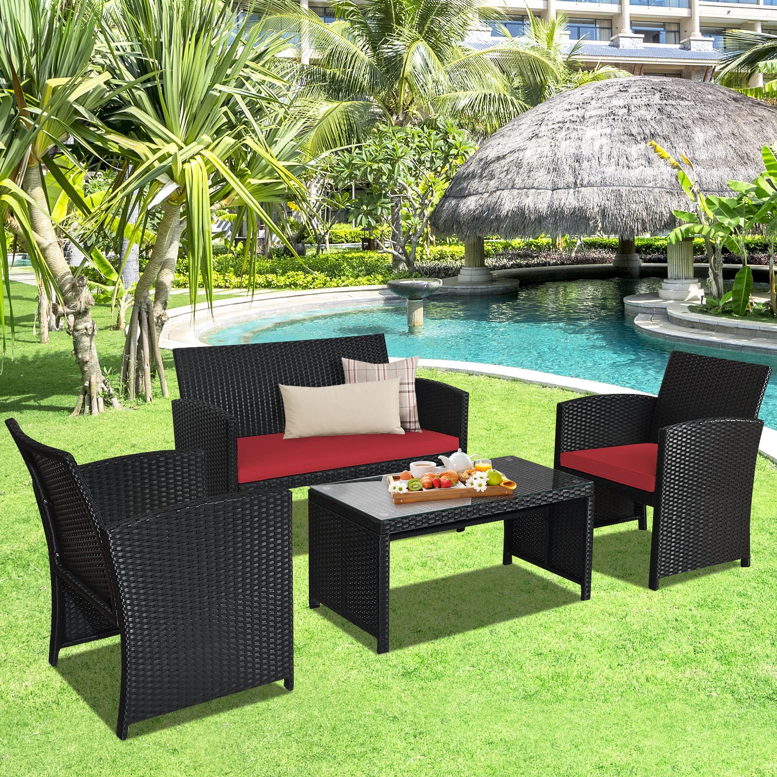 Goplus 4-Piece Rattan Patio Furniture Set - Outdoor Wicker Conversation Sofa with Cushions & Tempered Glass Coffee Table - Weather-Resistant Garden, Balcony, Backyard Furniture (Red) - Perfect for Outdoor Entertaining, Lounging, and Relaxation