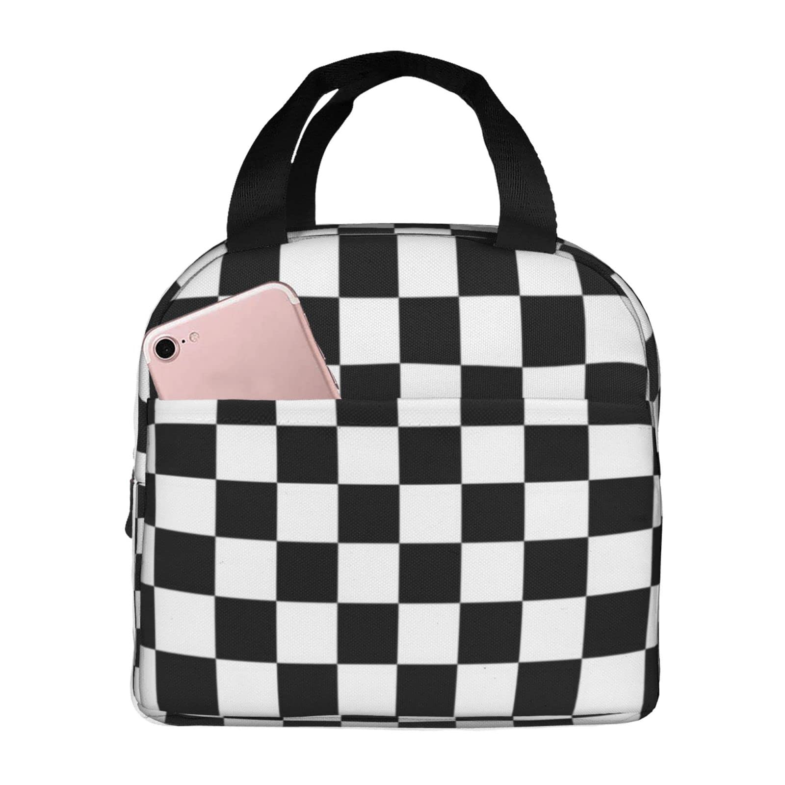 Stylish Black and White Checkerboard Insulated Lunch Bag for Kids & Women - Reusable Tote Lunch Box for School, Work & Picnics | Keeps Food Fresh & Cool