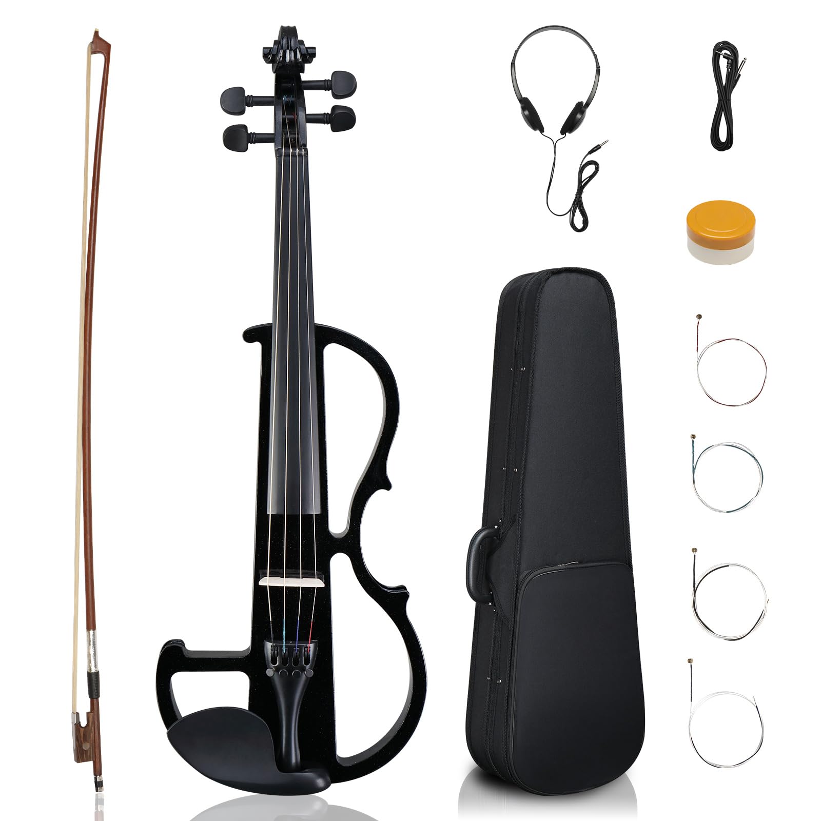 Ktaxon Full Size 4/4 Electric Violin for Beginners - Silent Acoustic Violin with Ebony Fittings, Case, Bow, Headphones & Rosin (Black) | Perfect for Adults & Teens Learning Violin at Home or Studio Practice