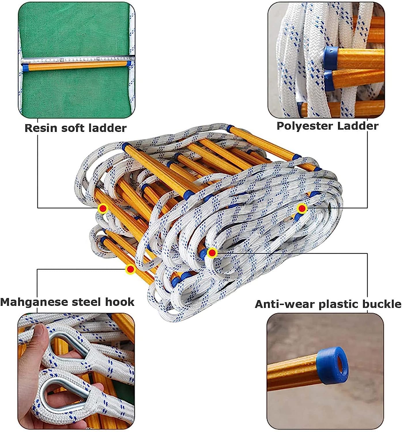 Fire Escape Rope Ladder with Hook - 32FT/10M Quick-Deploy, Compact & Easy Storage - NAKEAH Fire Rescue Ladder for Emergency Evacuation, Home Safety & Survival Scenarios