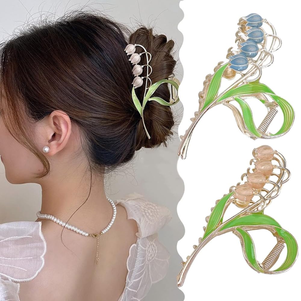 RSJ TRADERS - 2PCS Tulip Hair Claw Clips for Women, Fairy Flower Hair Clips, Large Metal Hair Clips for Ponytail, Trendy Hair Accessories for Women & Girls (Pink, Blue) - Perfect for Parties, Weddings & Daily Styling