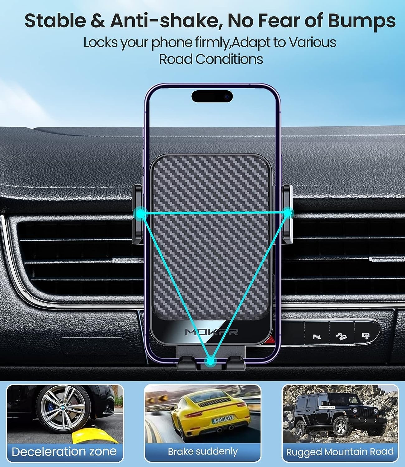 MOKPR 15W Fast Wireless Car Charger - Auto-Clamping Universal Car Mount for iPhone 15/14/13/12 & Samsung S23/S22/S21 - Hands-Free Dash/Windshield/Air Vent Phone Holder (Black) - Perfect for Commuting, Road Trips & GPS Navigation