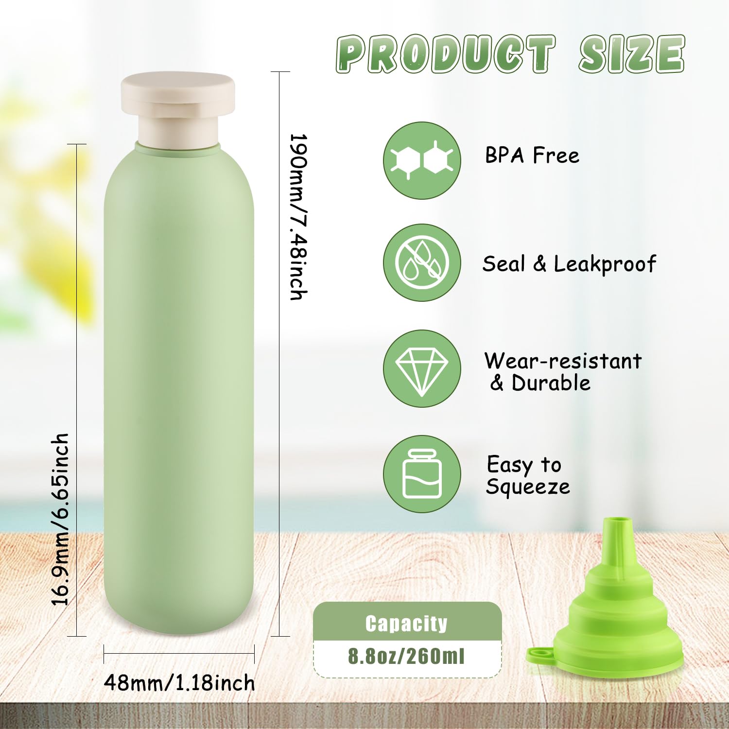 8.8 oz (260ml) Plastic Travel Shampoo Bottles - 9 Pack Green Refillable Squeeze Bottles with Flip Cap | Leak-Proof Lotion Containers for Cream, Toiletries & Conditioner | Includes Silicone Funnel | Perfect for Travel, Gym & Home Organization