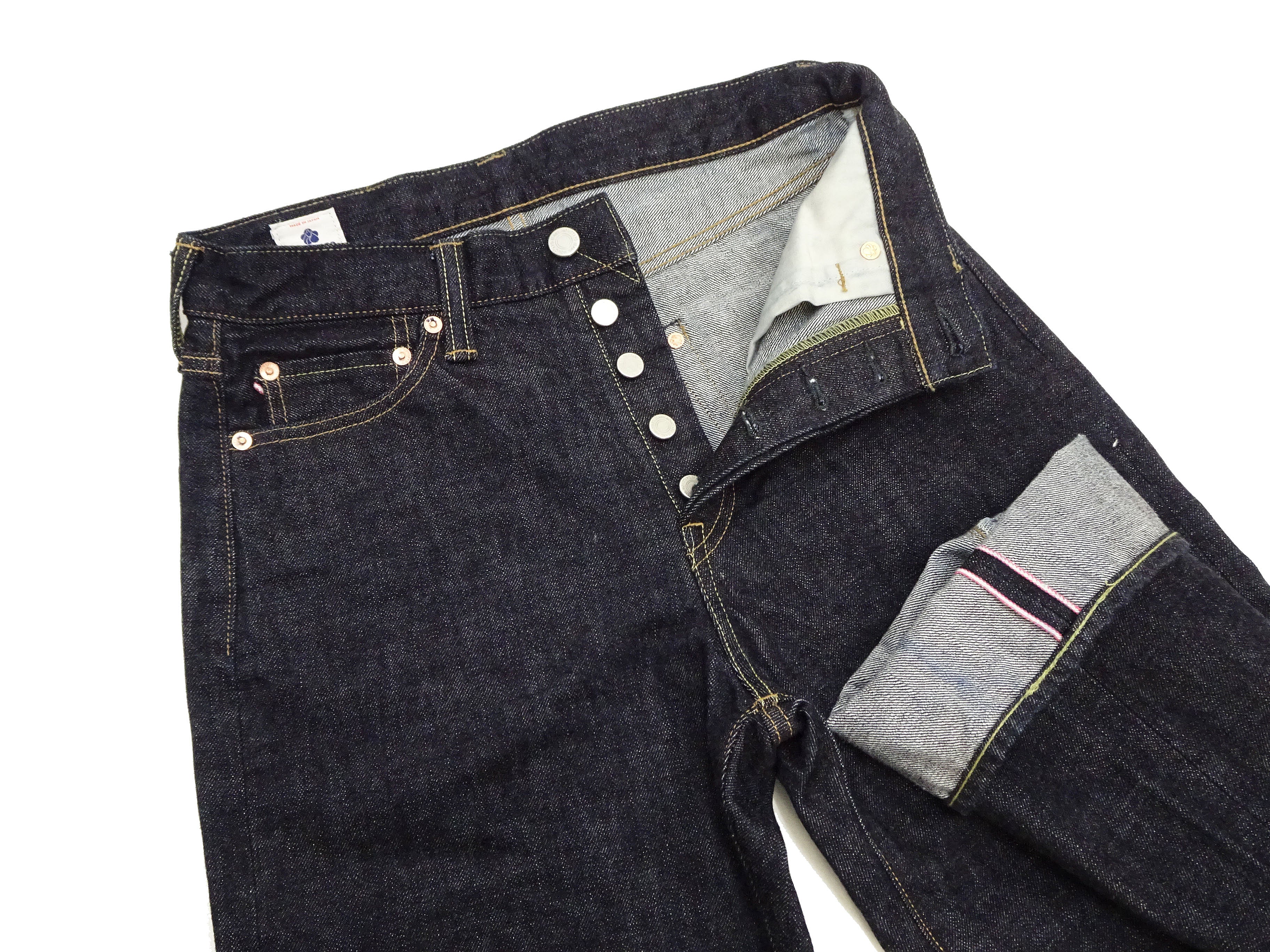Momotaro Jeans #100 Double Stripe Paint Men's Loose Fit Straight Button Fly Denim Pants - 14.7oz Zimbabwe Cotton Deep Indigo Wash MMJB0101 | Casual Wear, Street Style & Vintage Fashion