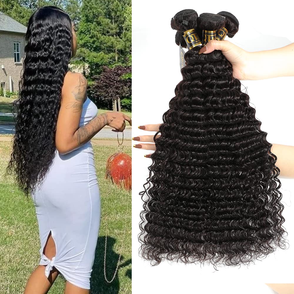 QTHAIR 14A Deep Wave Human Hair Bundles 24 26 28 Inch - 100% Unprocessed Brazilian Virgin Hair, Double Weft Deep Curly Weave (3 Bundles, Natural Color) - Perfect for Protective Styles, Weaves & Natural-Looking Extensions