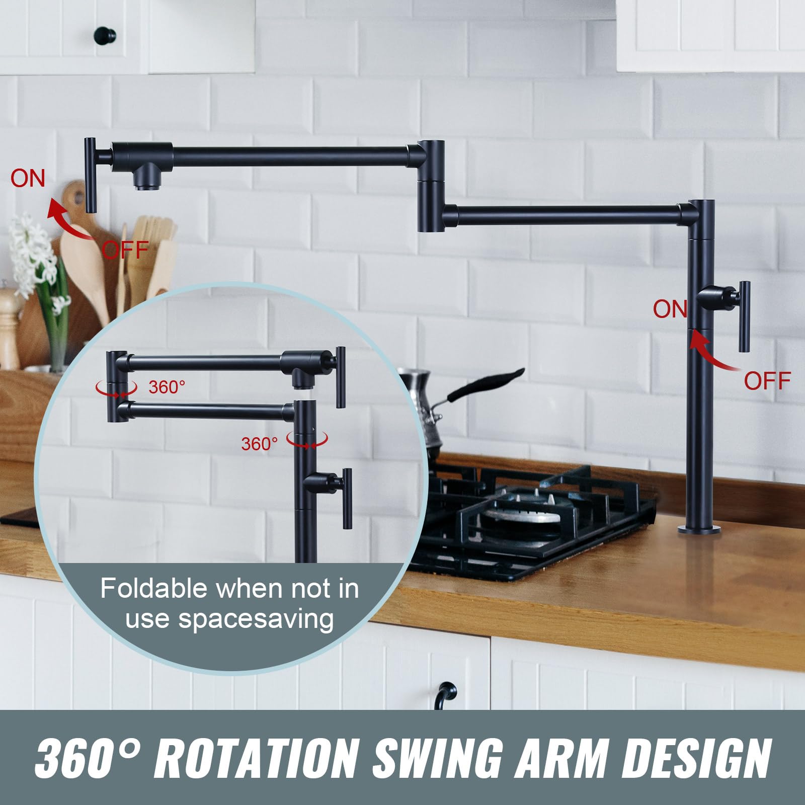 **Deck Mount Matte Black Pot Filler Faucet for Kitchen – Solid Brass Folding Faucet with Double Joint Swing Arms – Perfect for Stove, Sink & Cooking Convenience**