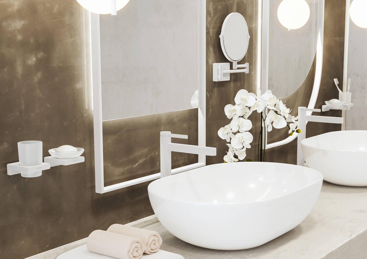 Hansgrohe AddStoris Soap Dish in Matte White 41746700 - Modern Bathroom Organizer for Sink Countertop or Shower Shelf