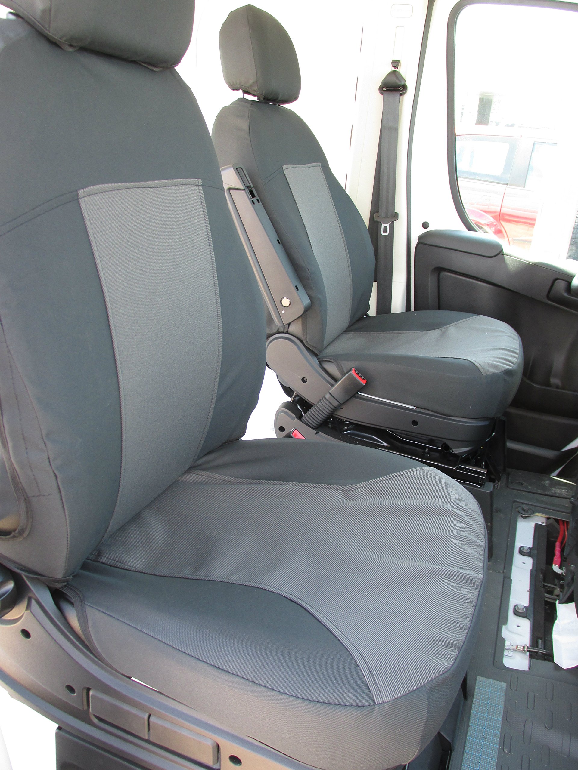 Durafit Seat Covers for 2013-2024 Promaster Van - Exact Fit Front Bucket Seat Covers in Black/Gray (Driver Side Armrest) | Premium Protection for Work Vans & Campers