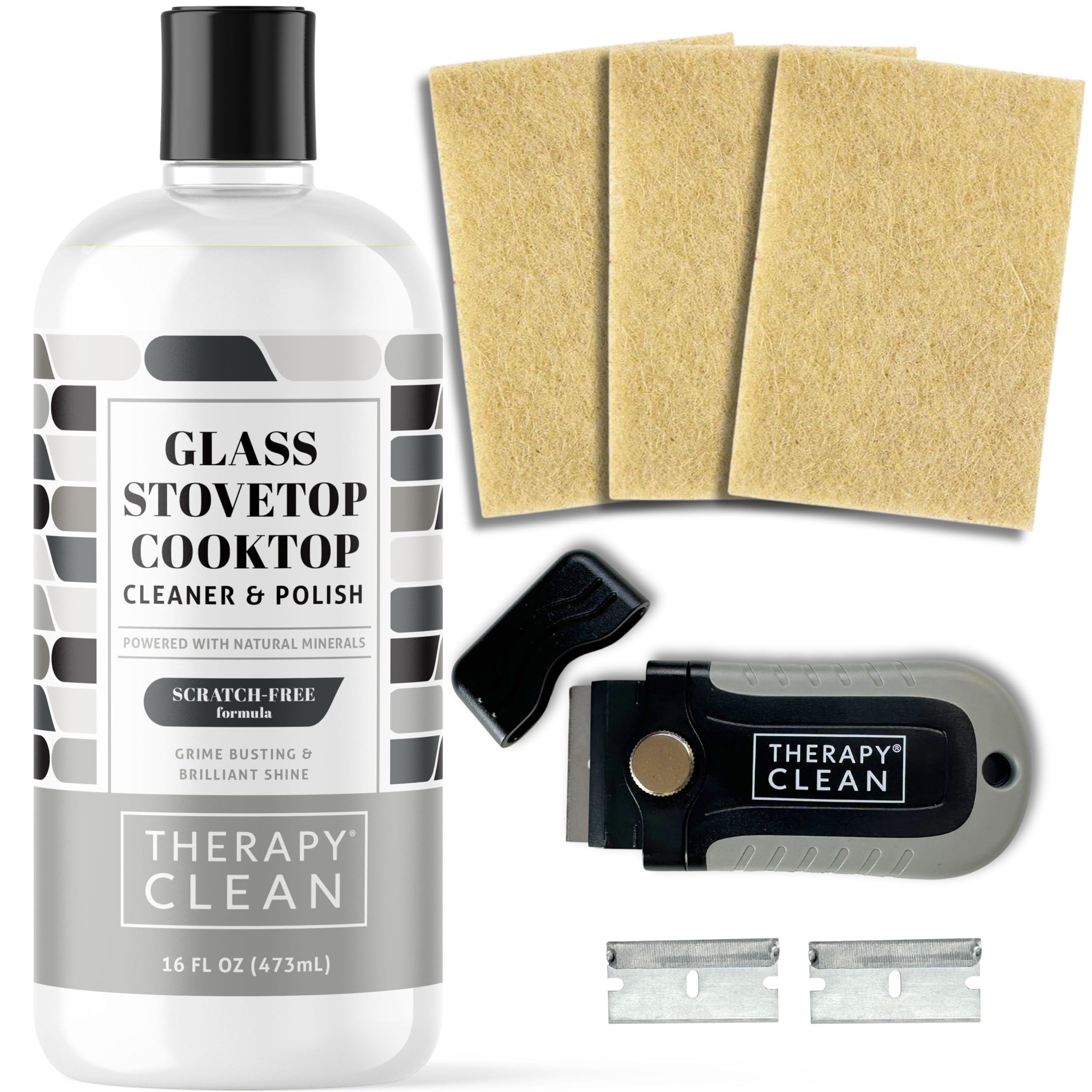 Premium Glass Stovetop Cleaner Kit - 3 Non-Scratch Scrubbing Pads & Razor Scraper - Ceramic & Induction Cooktop Cleaner Cream for Oven, Electric, Gas Stoves - Perfect for Deep Cleaning Burnt-On Grease & Food Residue