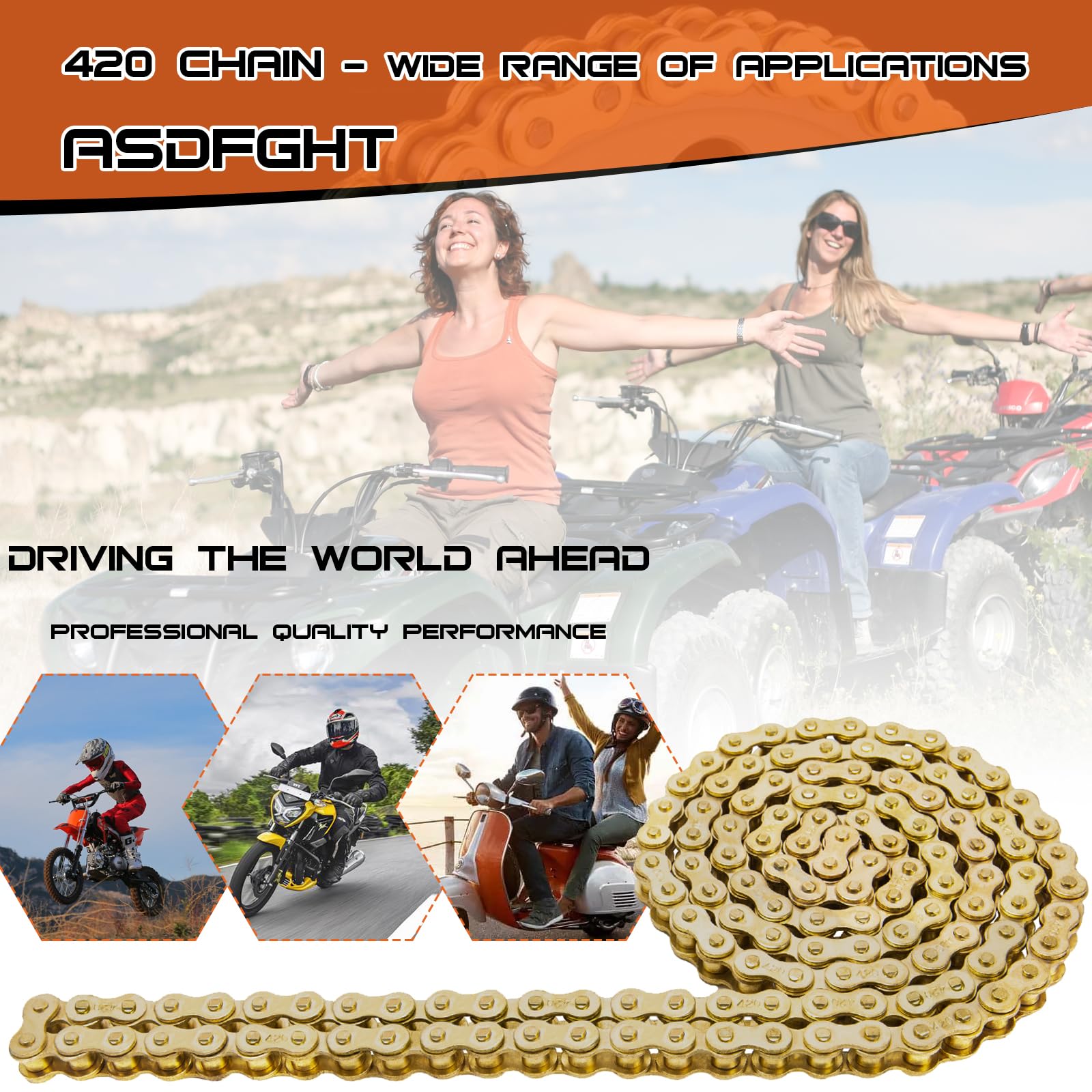 ASDFGHT 420 Roller Chain 132 Links Gold - 420 Drive Chain for 110cc & 125cc Dirt Pit Bikes, ATV, Quad, Go Kart, Scooter & Mini Bikes - Includes Chain Breaker & 0.4
